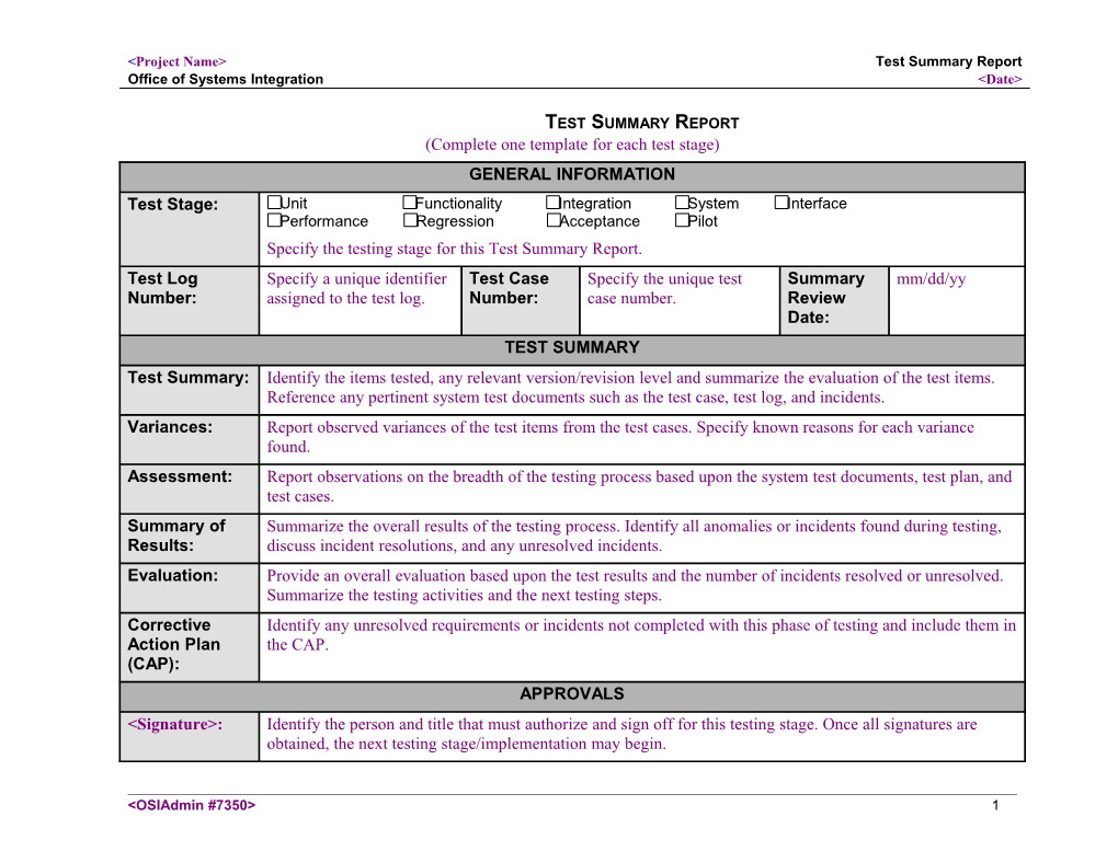 Test Summary Report s1