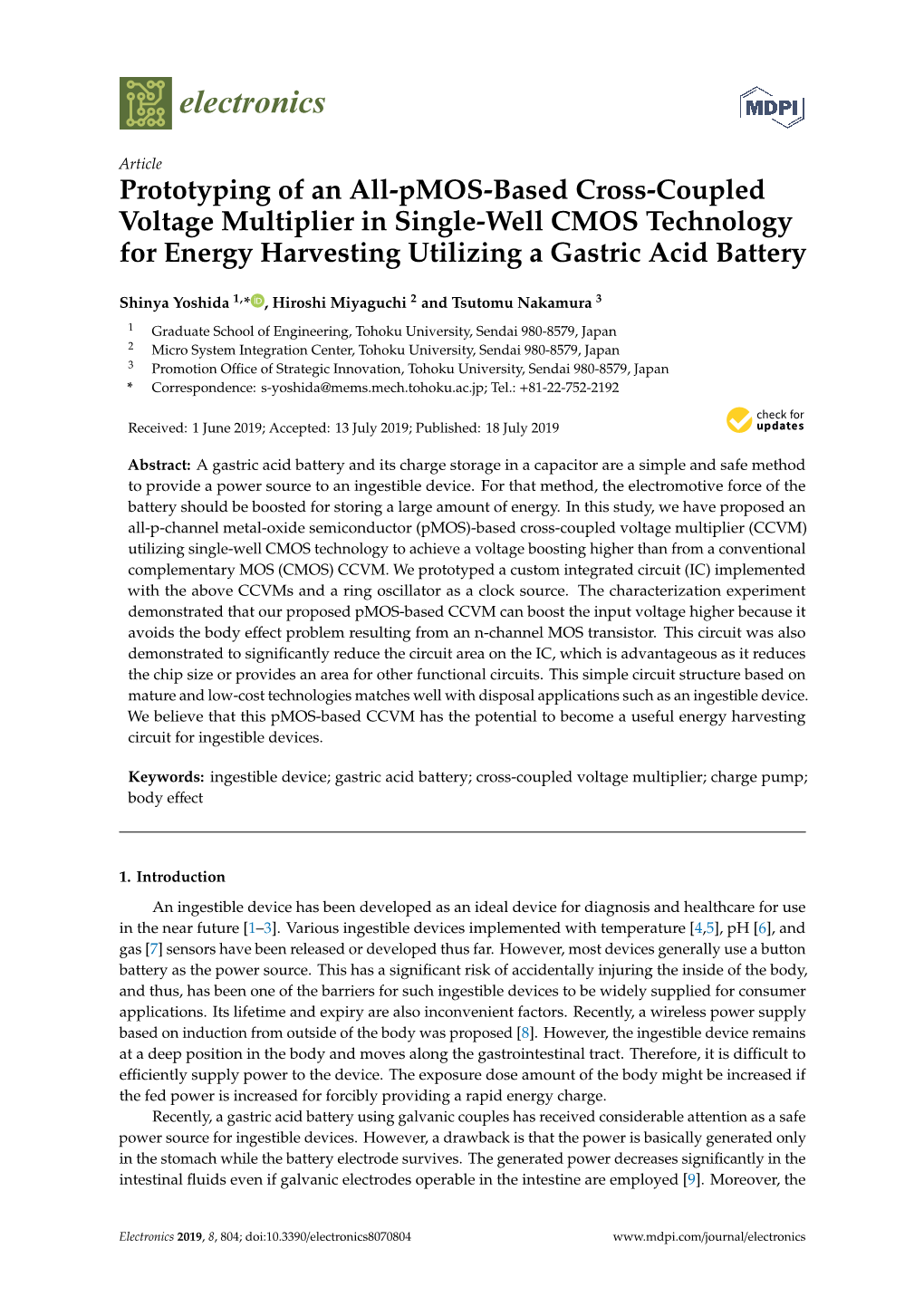 Prototyping of an All-Pmos-Based Cross-Coupled Voltage Multiplier in Single-Well CMOS Technology for Energy Harvesting Utilizing a Gastric Acid Battery