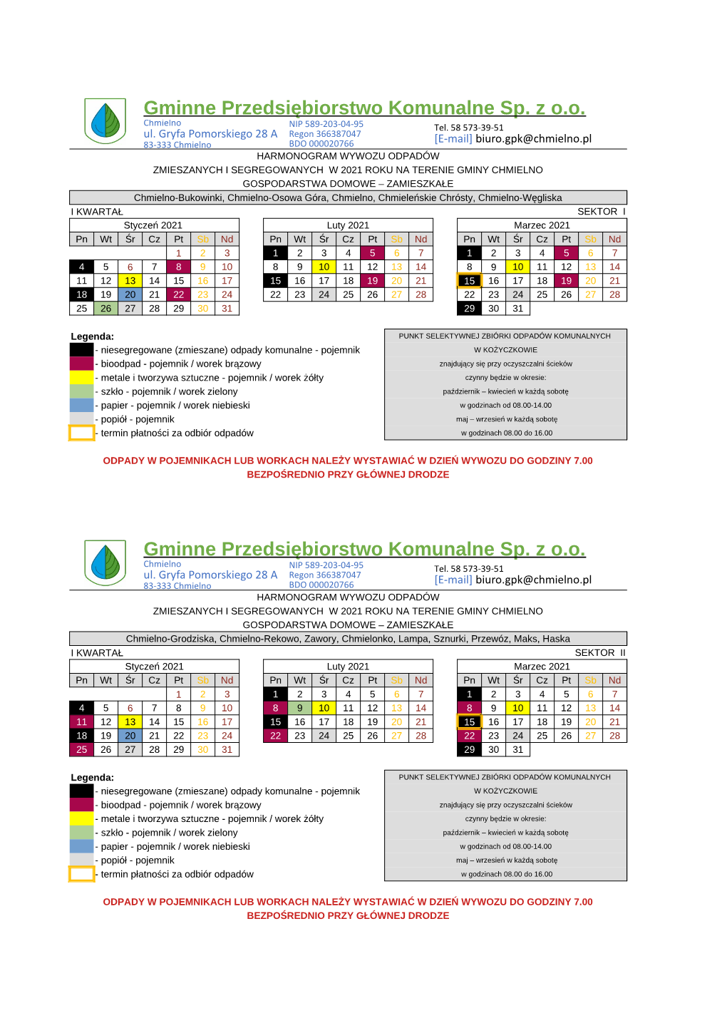Harmonogramy Wywozu Śmieci Na Ternie Gminy Chmielno Na Rok 2021