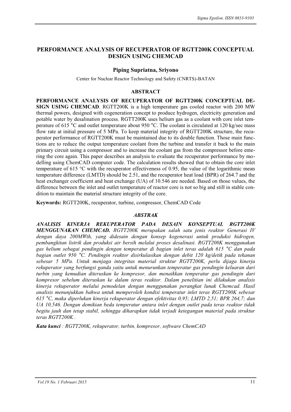 Performance Analysis of Recuperator of Rgtt200k Conceptual Design Using Chemcad