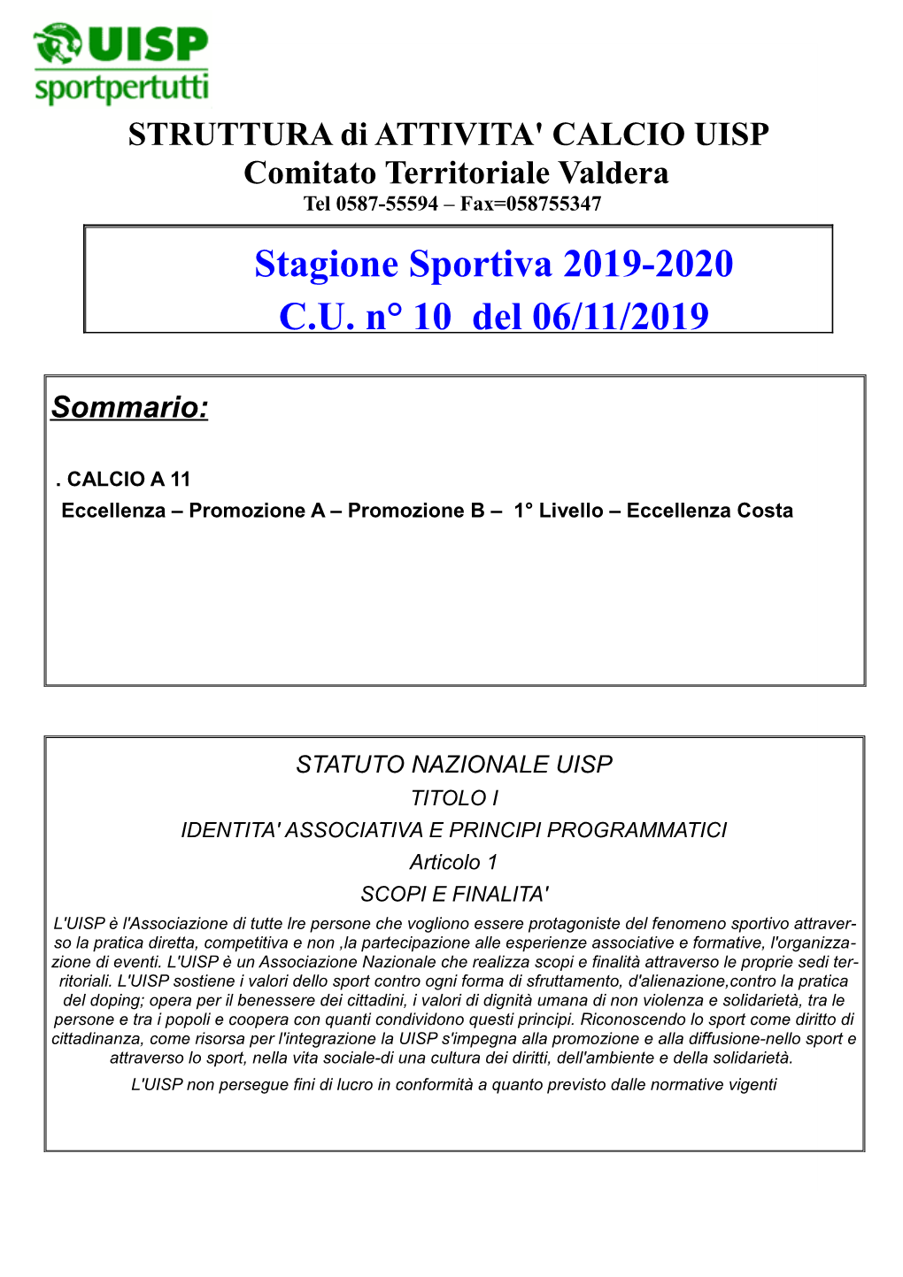 Stagione Sportiva 2019-2020 C.U. N° 10 Del 06/11/2019