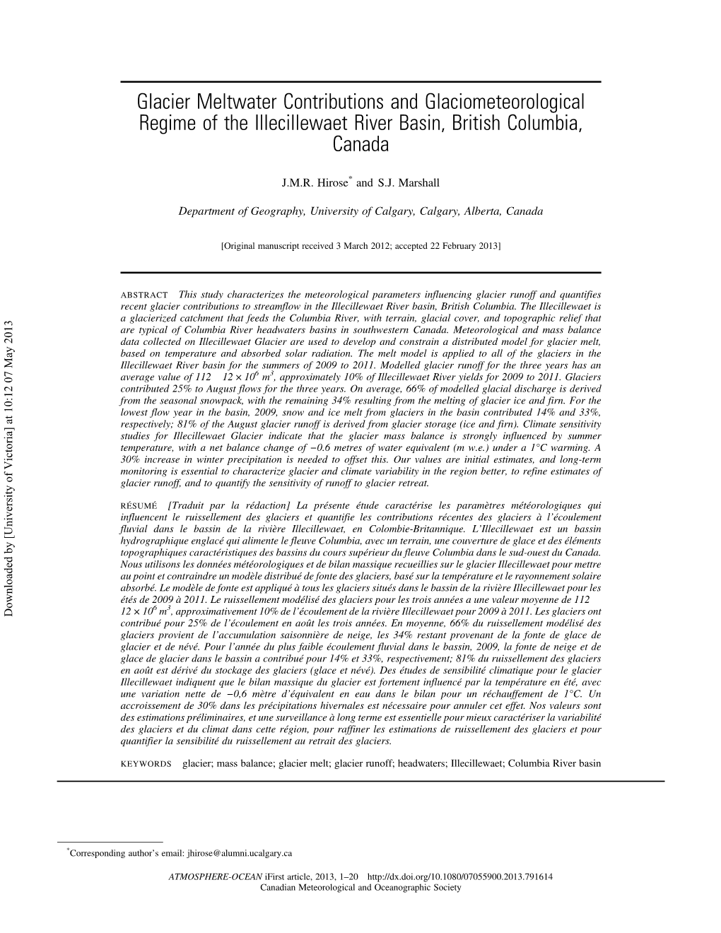 Glacier Meltwater Contributions and Glaciometeorological Regime of the Illecillewaet River Basin, British Columbia, Canada