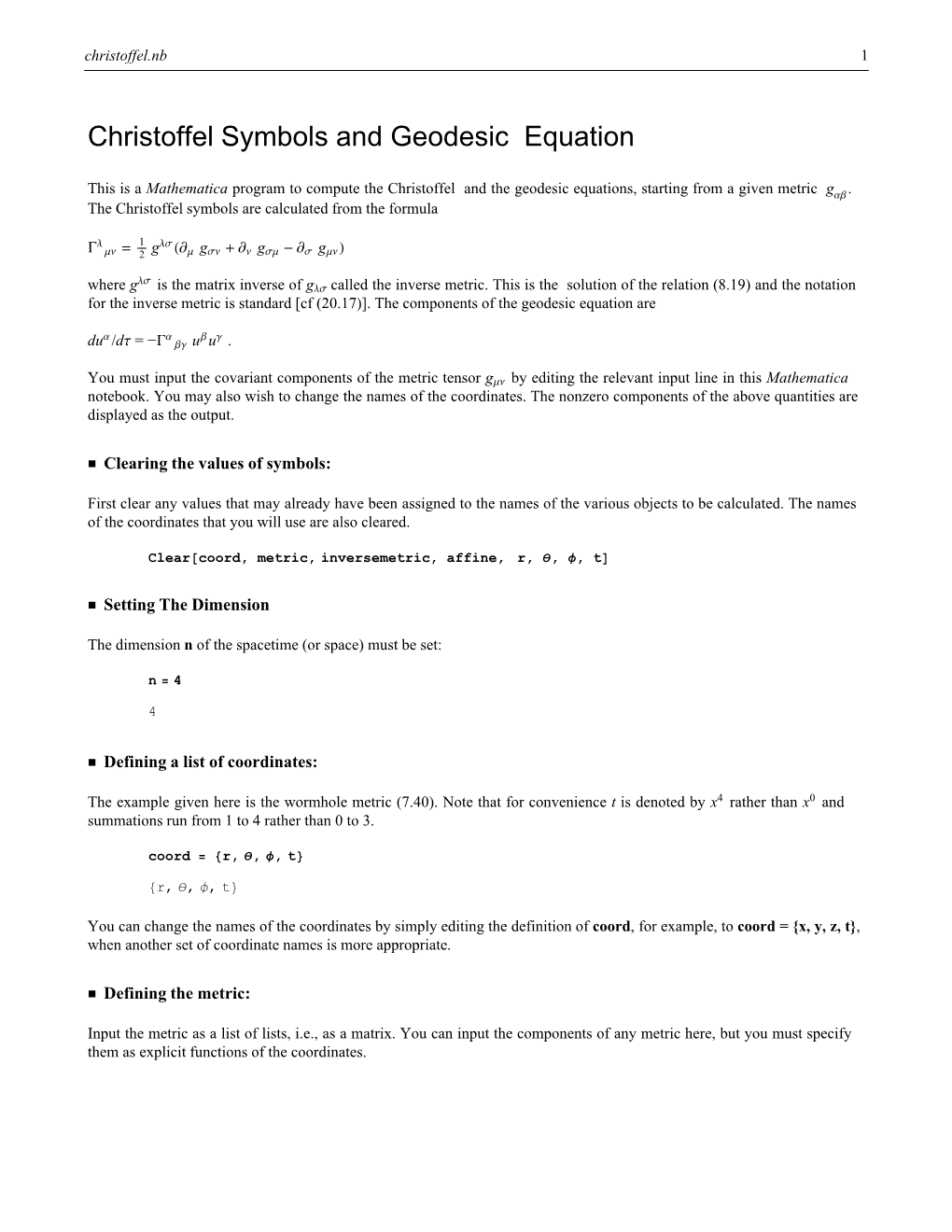 Christoffel Symbols and Geodesic Equation