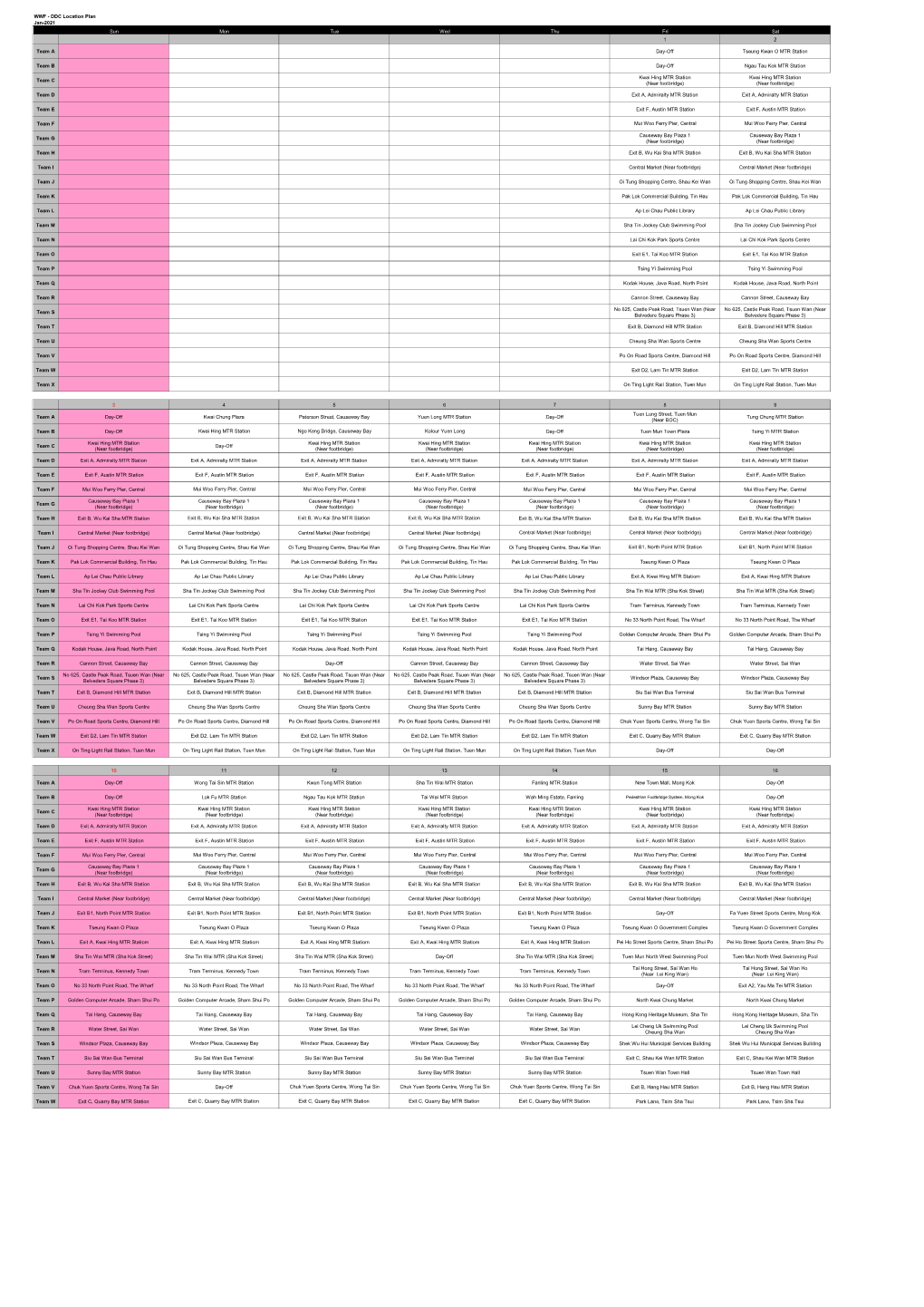 DDC Location Plan Sun Mon Tue Wed Thu Fri Sat 1 2 Team A