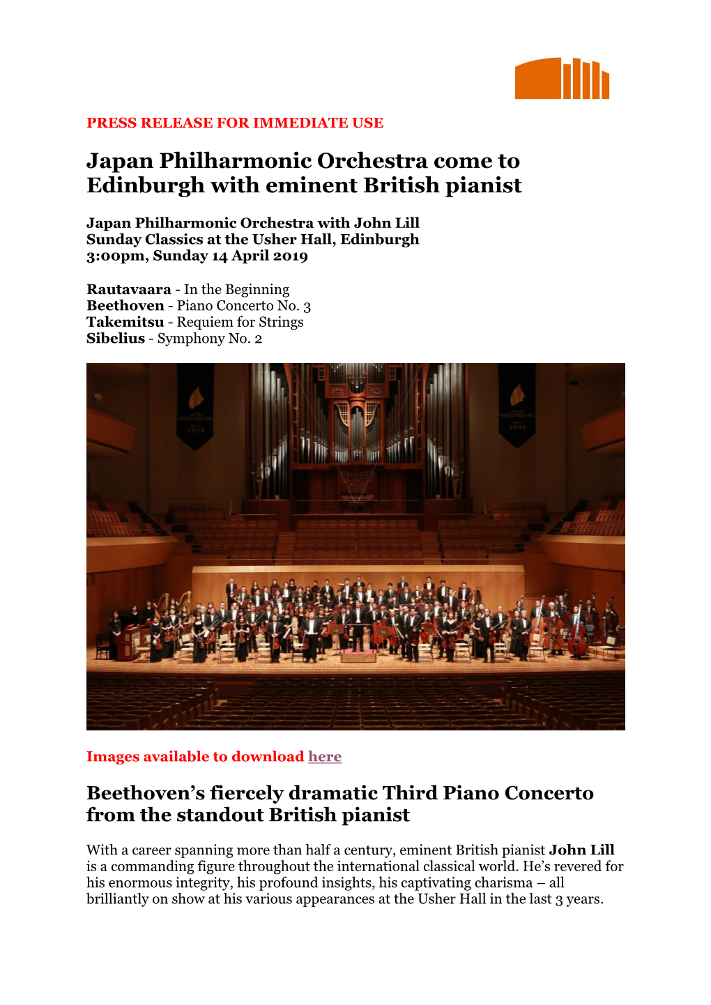 Japan Philharmonic Orchestra Come to Edinburgh with Eminent British Pianist