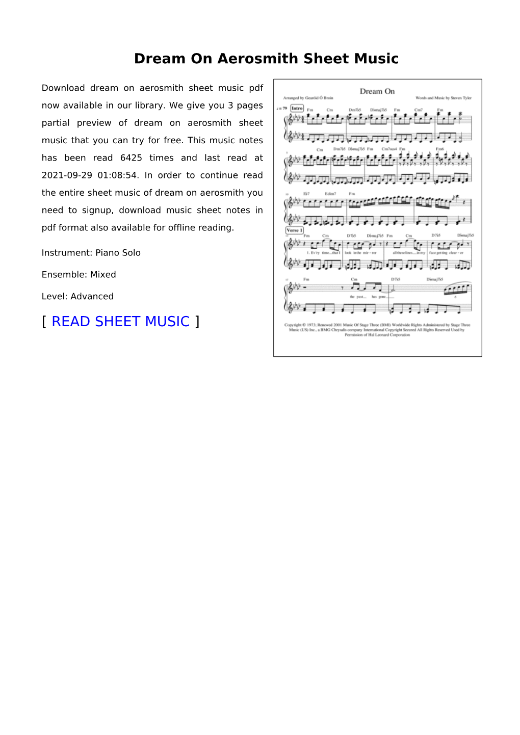 Dream on Aerosmith Sheet Music