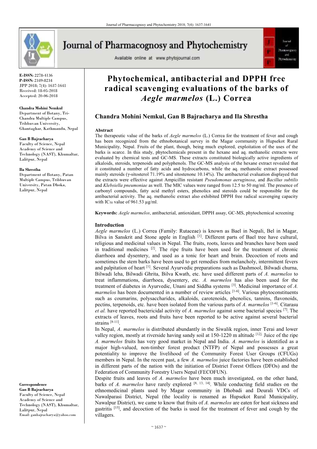 Phytochemical, Antibacterial and DPPH Free Radical Scavenging