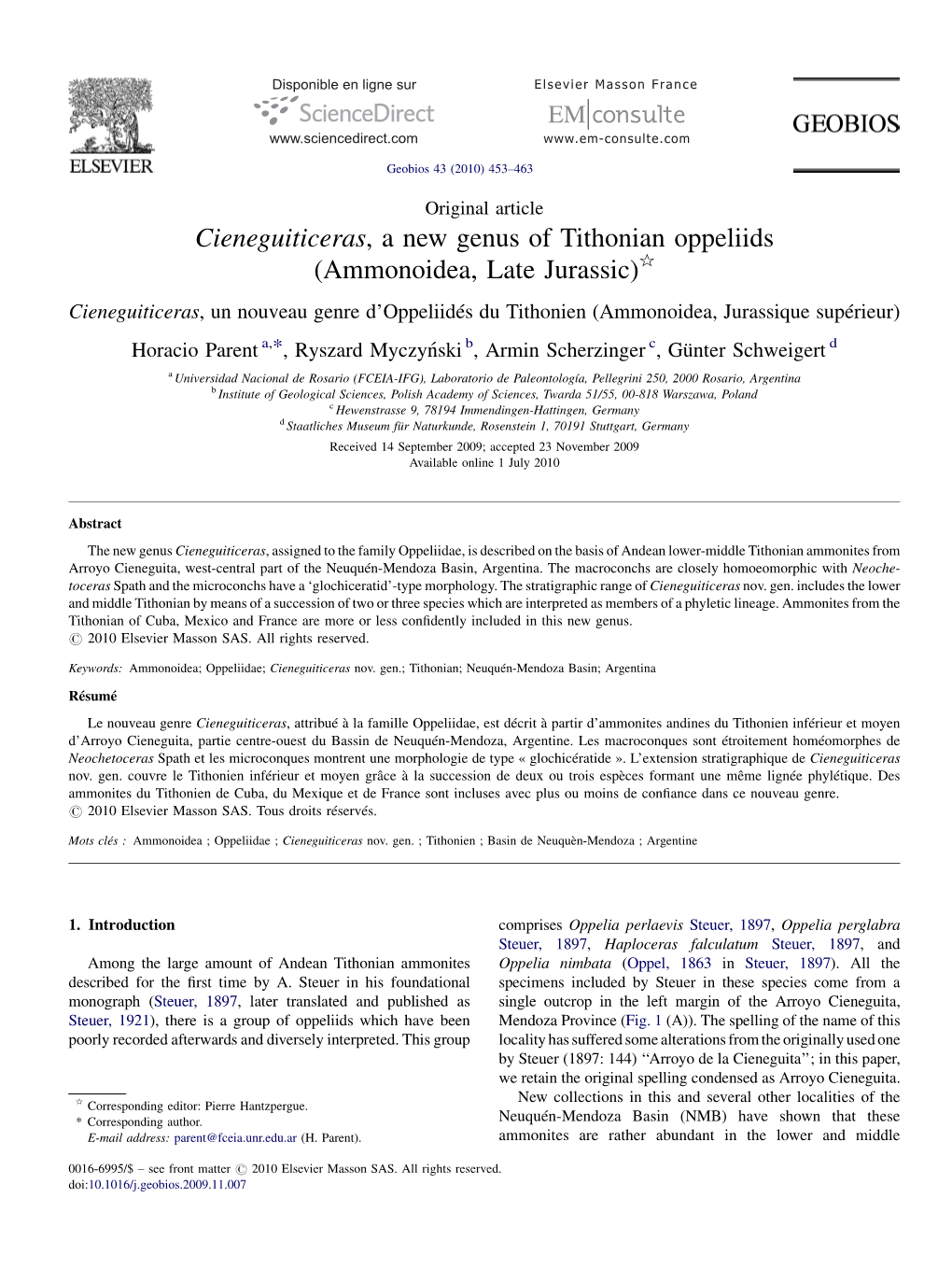 Cieneguiticeras, a New Genus of Tithonian Oppeliids