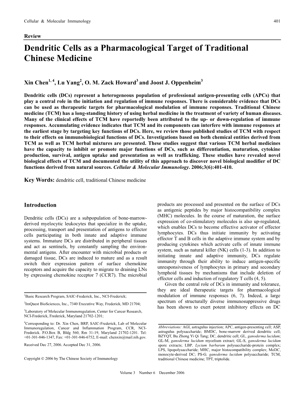 Dendritic Cells As a Pharmacological Target of Traditional Chinese Medicine