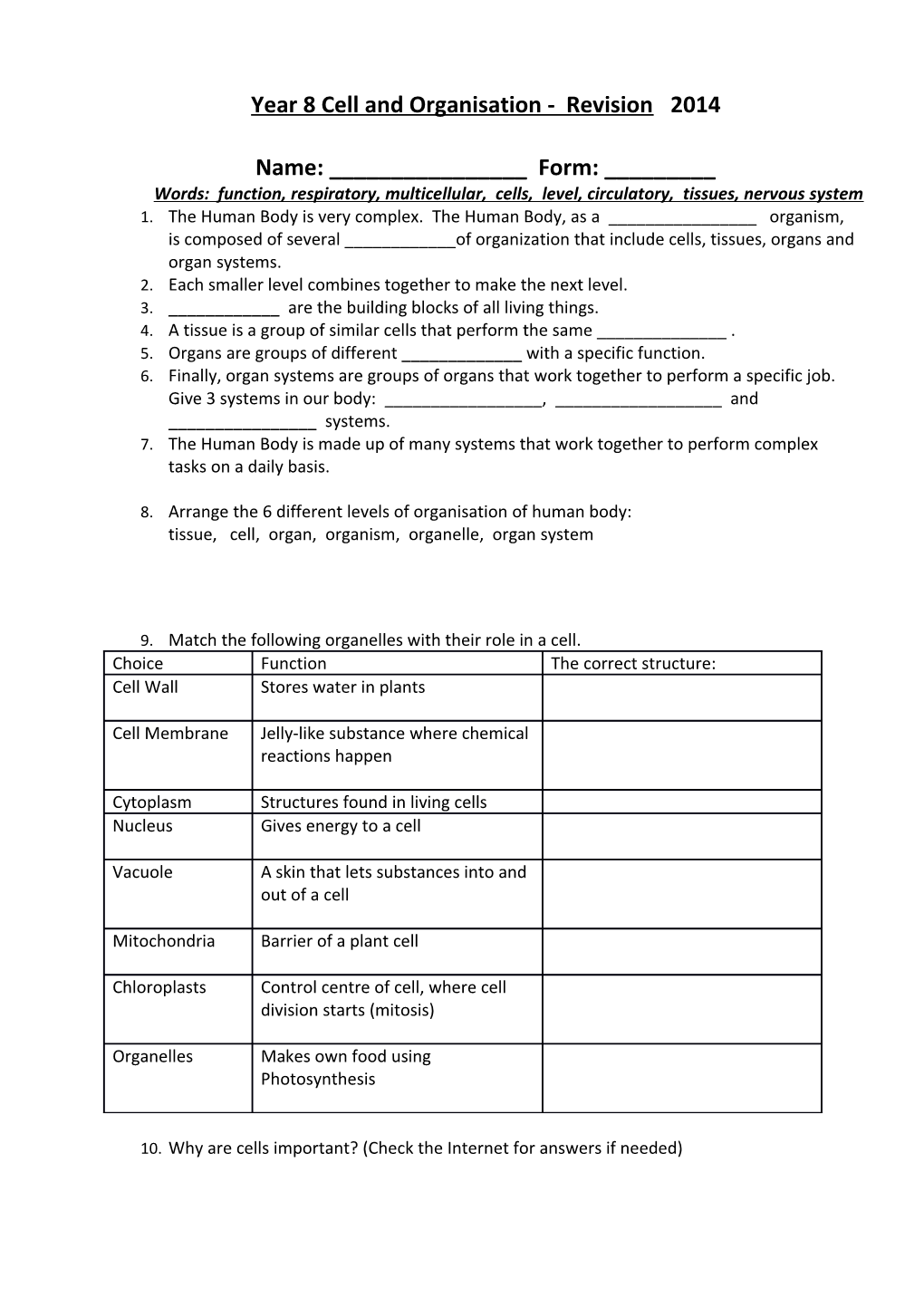 Year 8 Cell and Organisation - Revision 2014