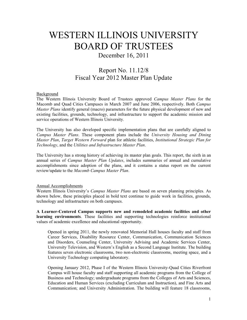 WESTERN ILLINOIS UNIVERSITY BOARD of TRUSTEES December 16, 2011