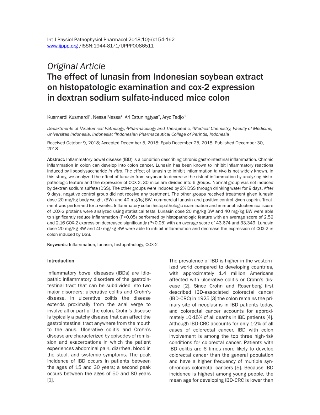 Original Article the Effect of Lunasin from Indonesian Soybean Extract on Histopatologic Examination and Cox-2 Expression in Dextran Sodium Sulfate-Induced Mice Colon