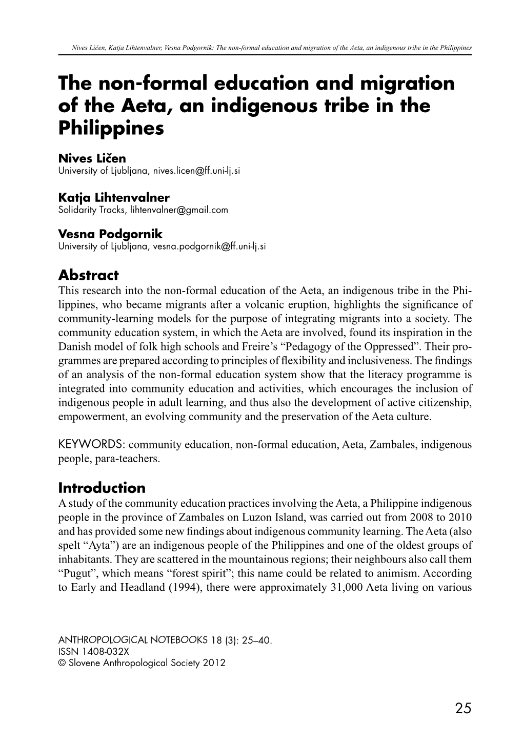 The Non-Formal Education and Migration of the Aeta, an Indigenous Tribe in the Philippines