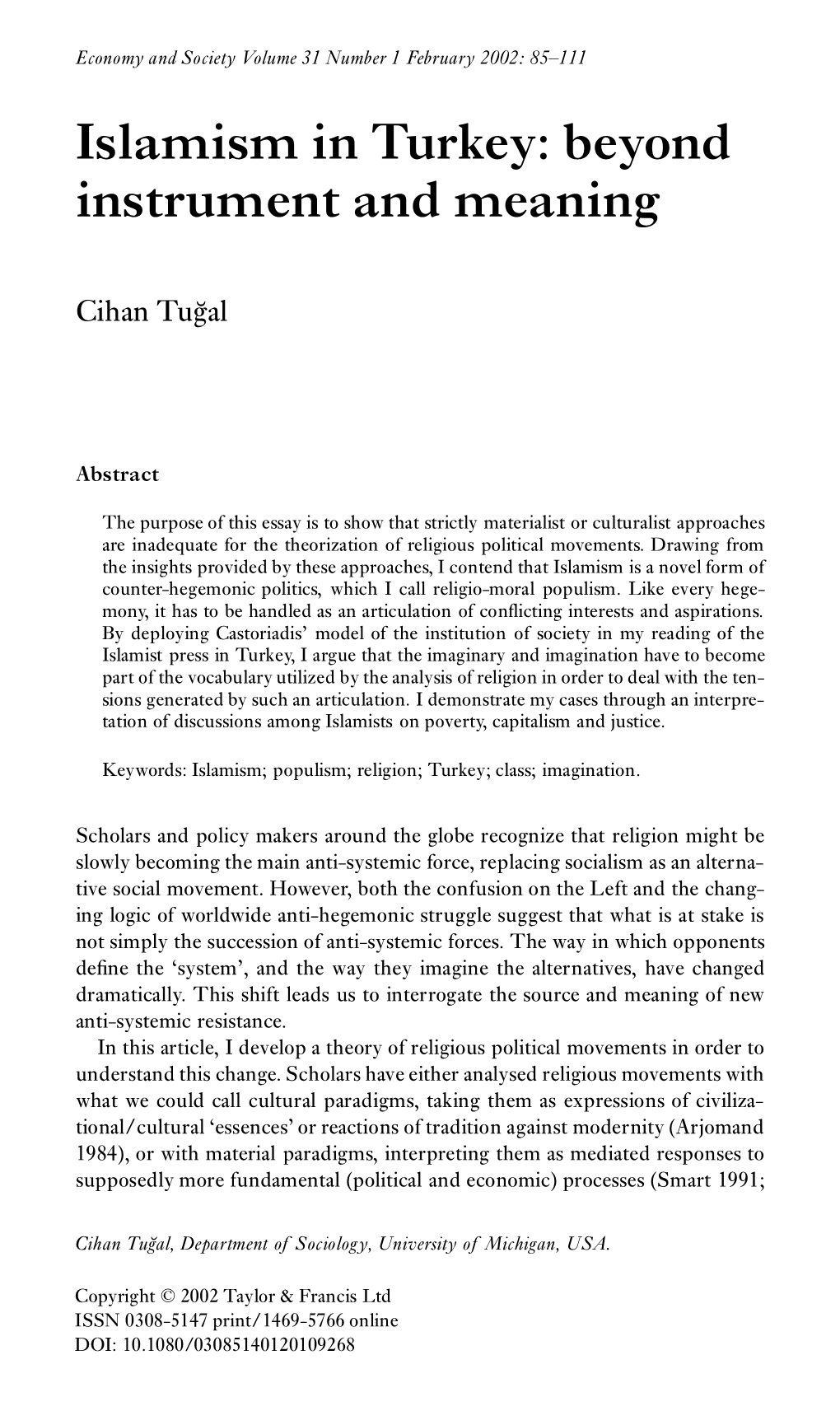 Islamism in Turkey: Beyond Instrument and Meaning