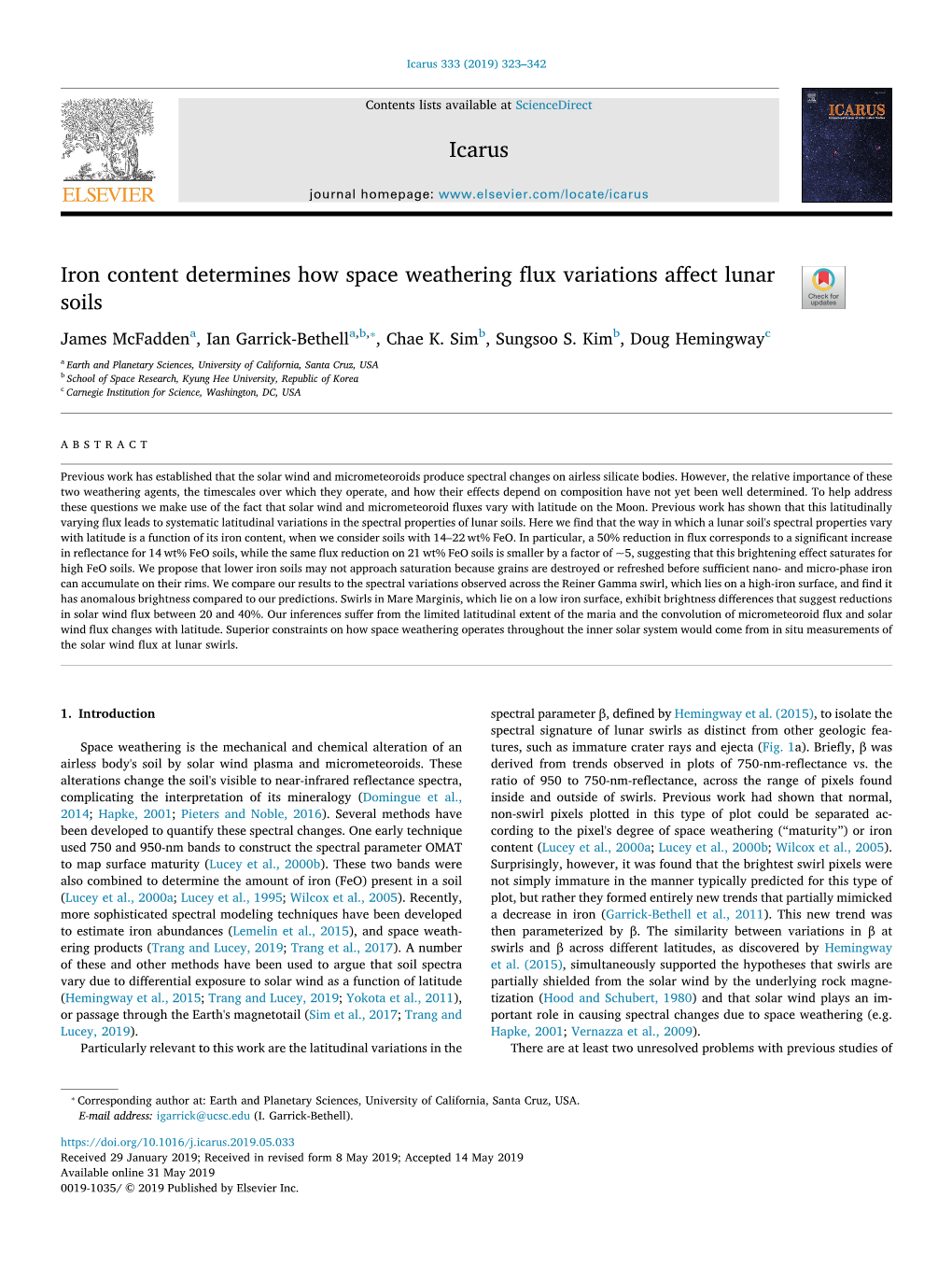 Iron Content Determines How Space Weathering Flux Variations Affect Lunar T Soils ⁎ James Mcfaddena, Ian Garrick-Bethella,B, , Chae K