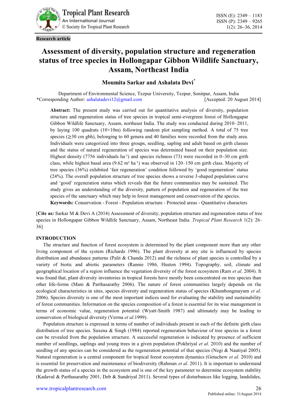 Assessment of Diversity, Population Structure and Regeneration Status of Tree Species in Hollongapar Gibbon Wildlife Sanctuary