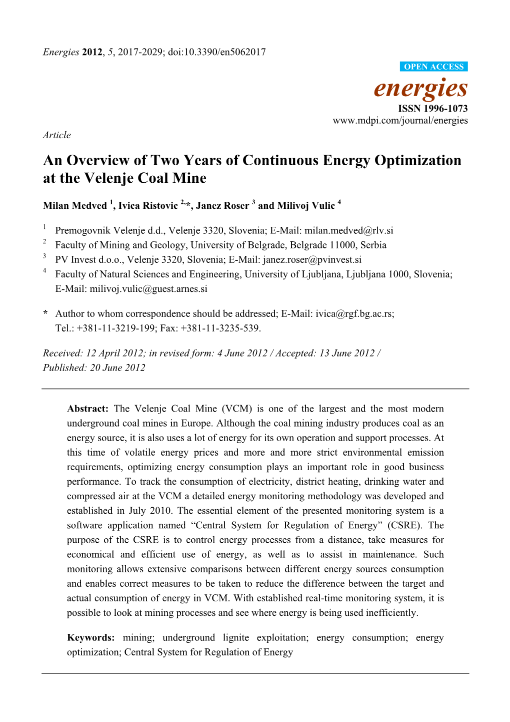 An Overview of Two Years of Continuous Energy Optimization at the Velenje Coal Mine