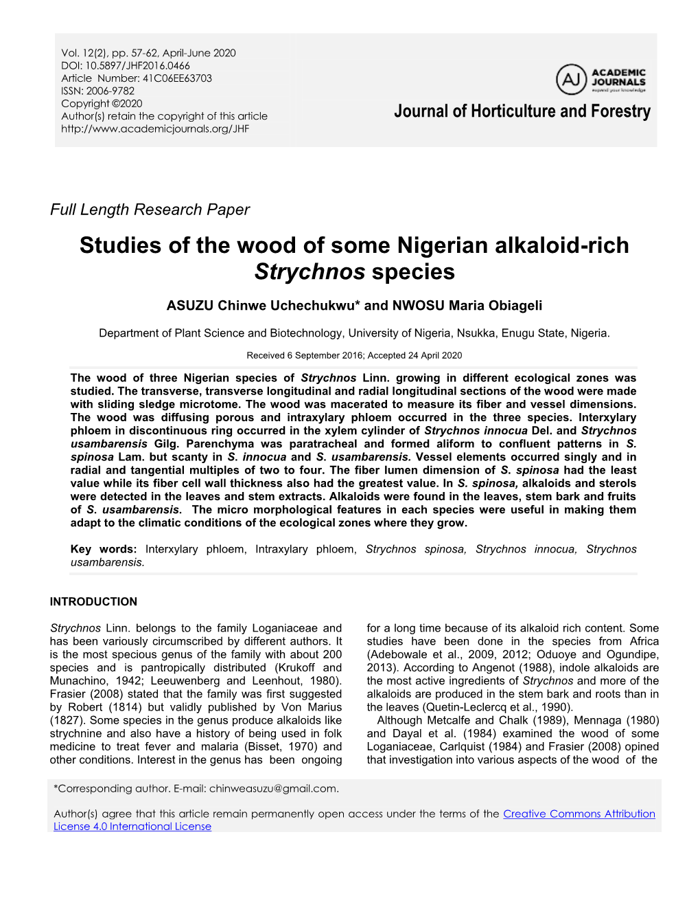 Studies of the Wood of Some Nigerian Alkaloid-Rich Strychnos Species