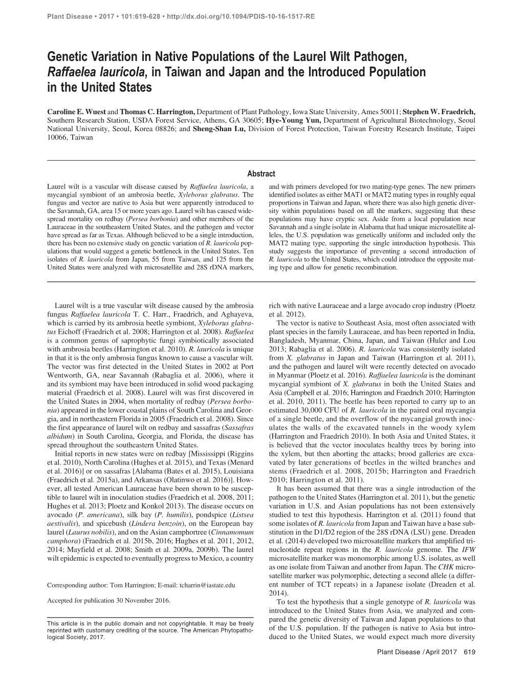 Genetic Variation in Native Populations of the Laurel Wilt Pathogen, Raffaelea Lauricola, in Taiwan and Japan and the Introduced Population in the United States