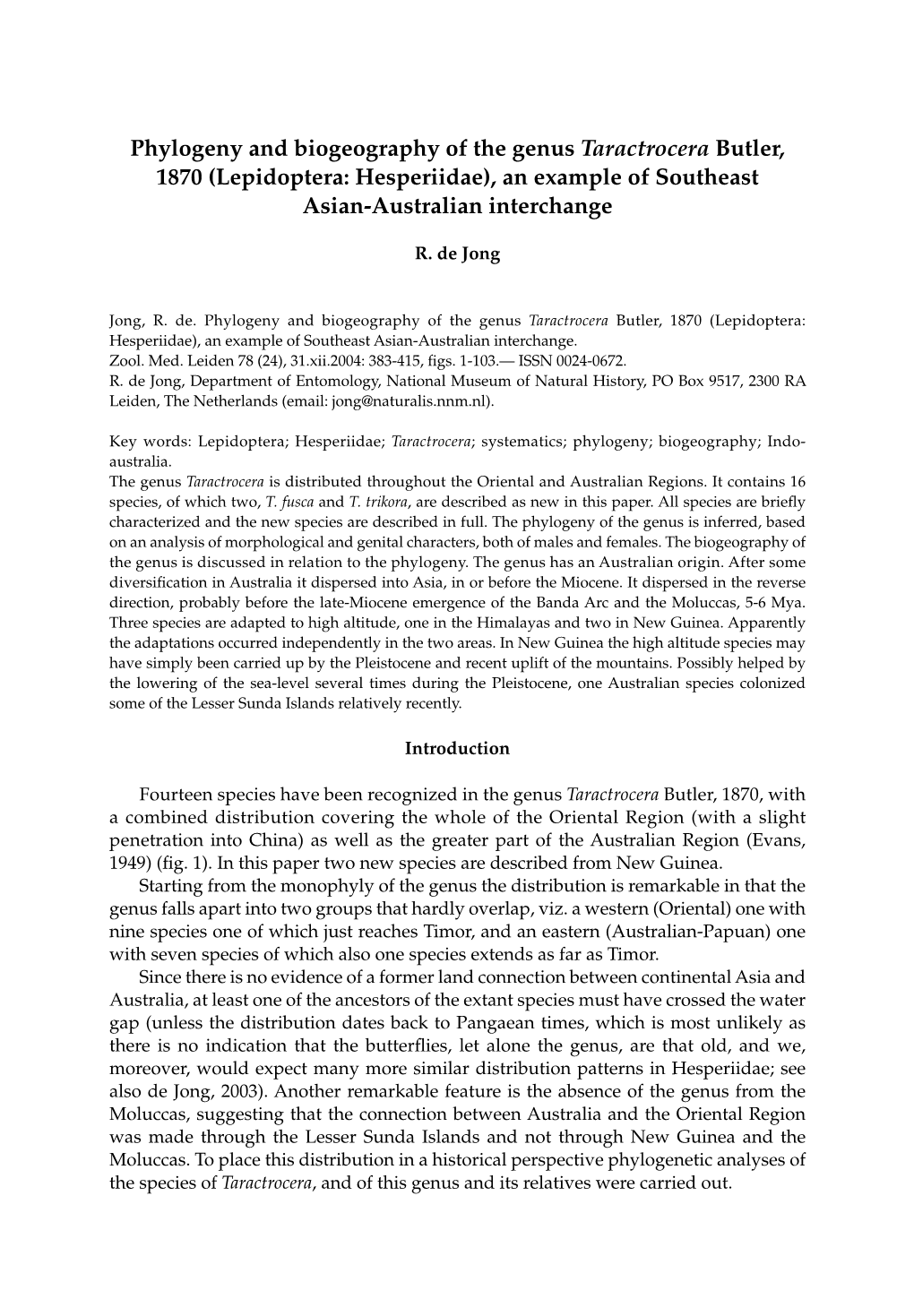 Phylogeny and Biogeography of the Genus Taractrocera Butler, 1870 (Lepidoptera: Hesperiidae), an Example of Southeast Asian-Australian Interchange