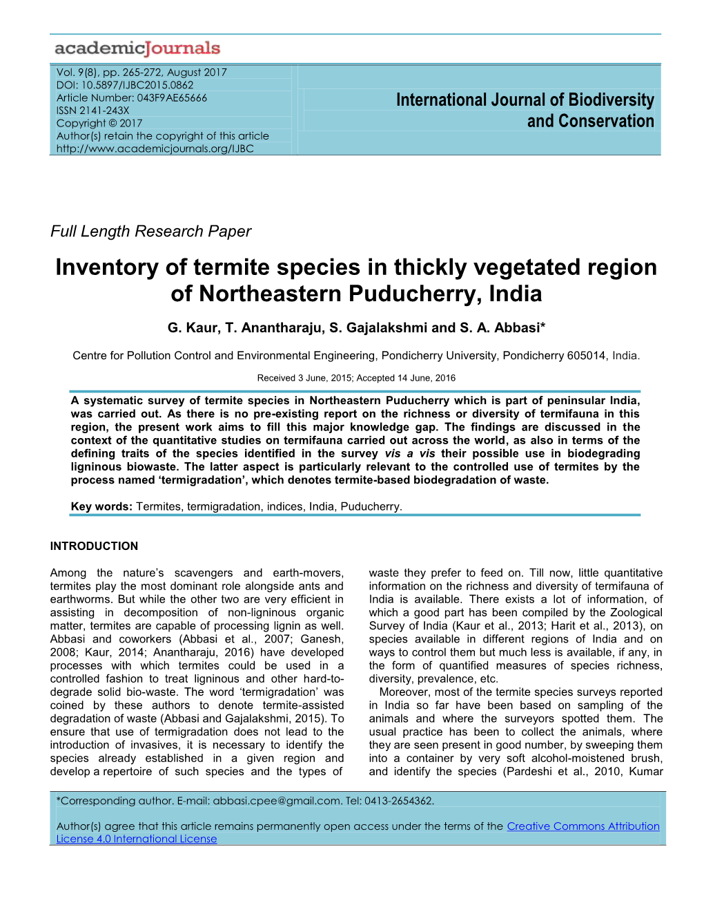 Inventory of Termite Species in Thickly Vegetated Region of Northeastern Puducherry, India