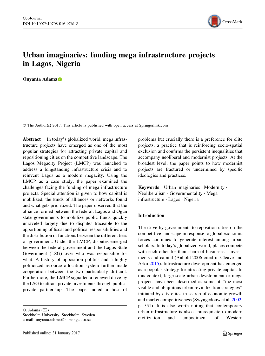 Urban Imaginaries: Funding Mega Infrastructure Projects in Lagos, Nigeria