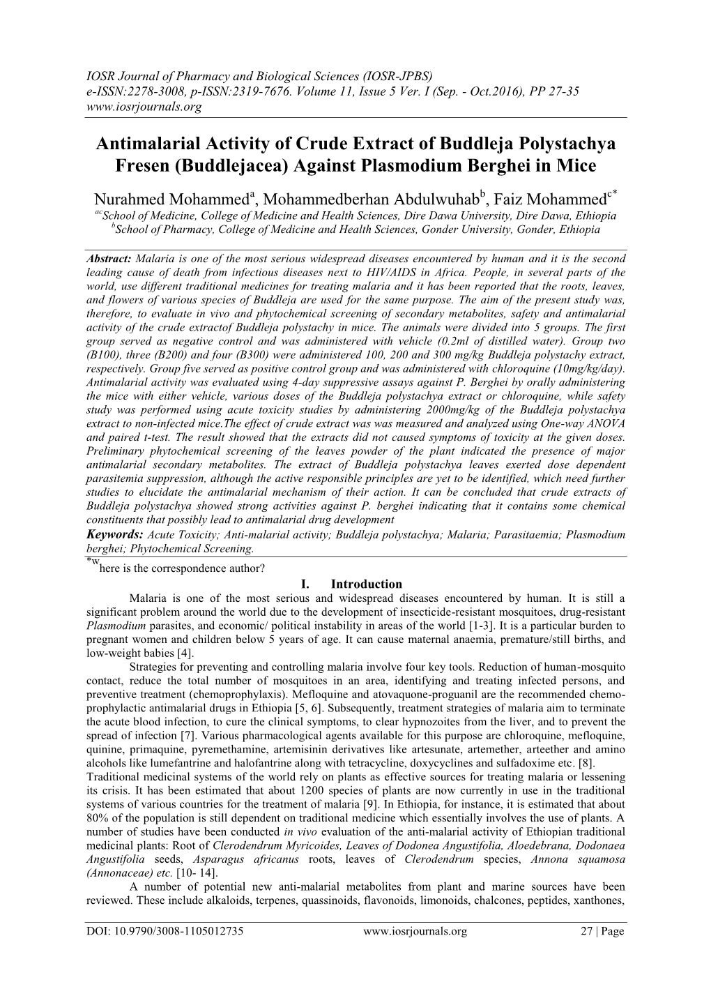 Antimalarial Activity of Crude Extract of Buddleja Polystachya Fresen (Buddlejacea) Against Plasmodium Berghei in Mice