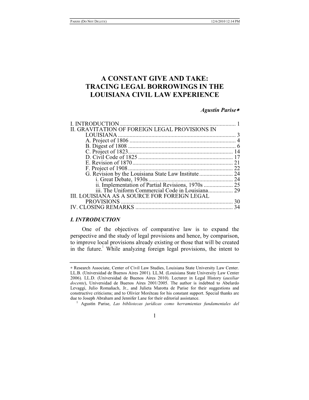 A Constant Give and Take: Tracing Legal Borrowings in the Louisiana Civil Law Experience