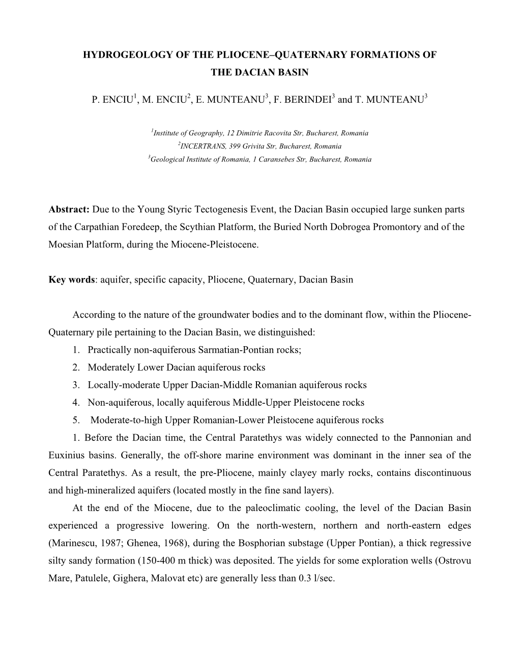 Hydrogeology of the Pliocene-Quaternary Formations Of