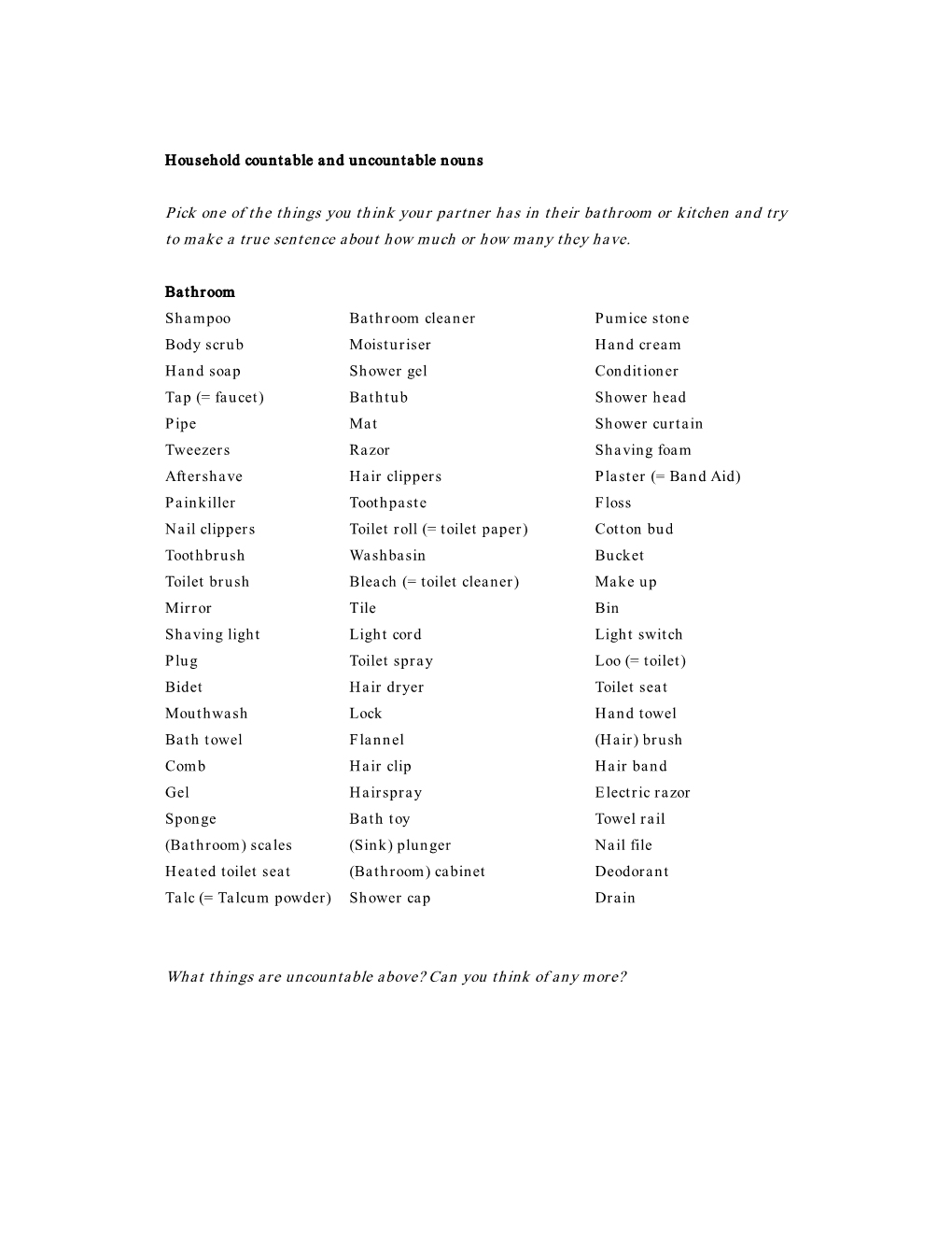 Household Countable and Uncountable Nouns