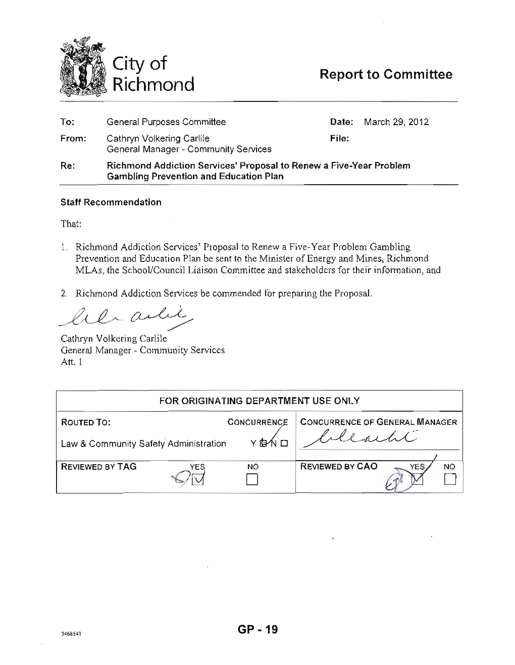 Richmond Addiction Services' Proposal to Renew a Five-Year Problem Gambling Prevention and Education Plan