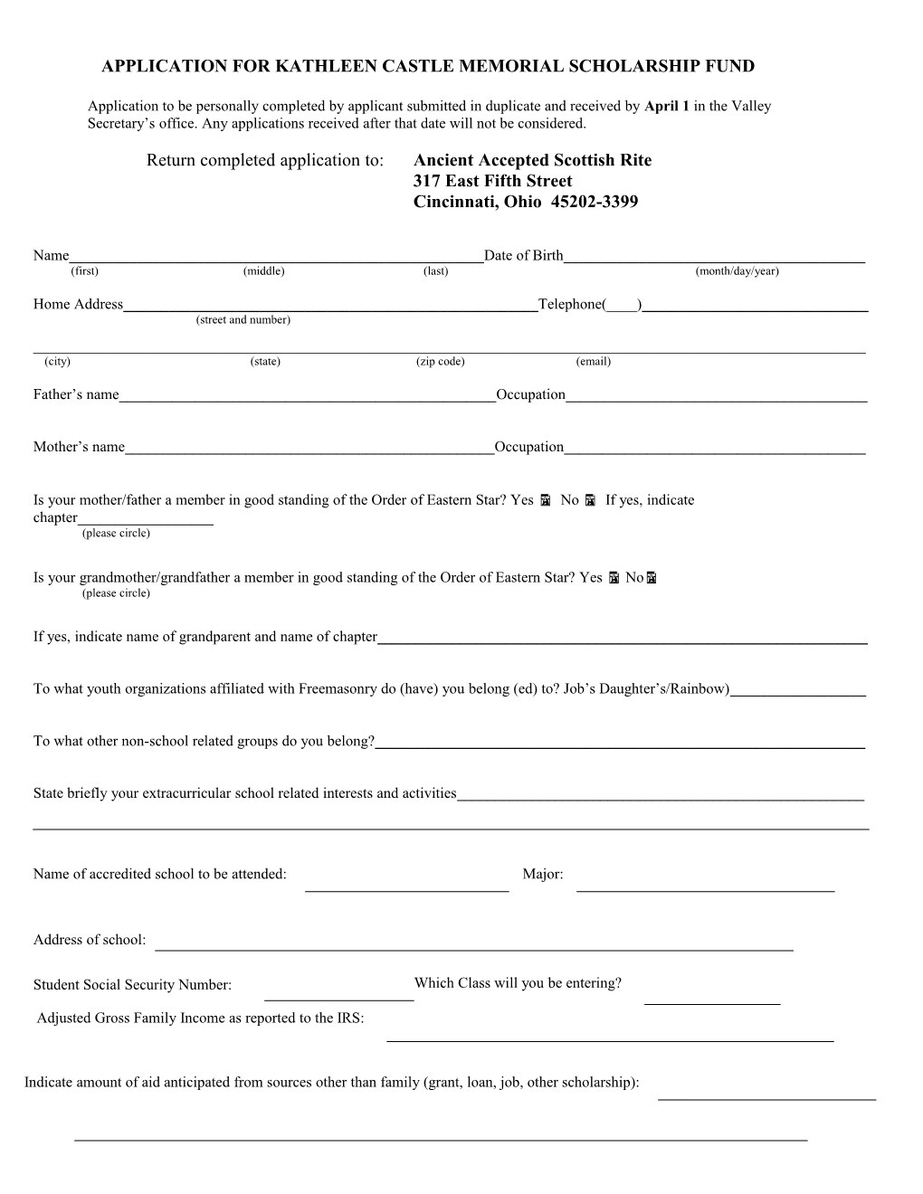 Application For Kathleen Castle Scholarship Fund