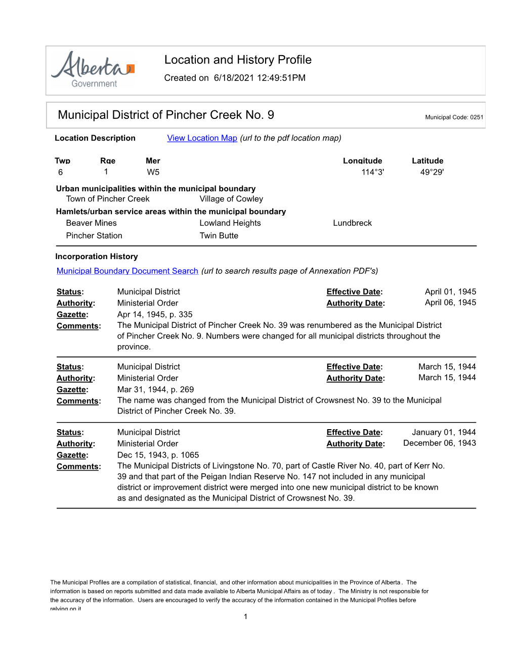 Location and History Profile Municipal District of Pincher Creek No. 9