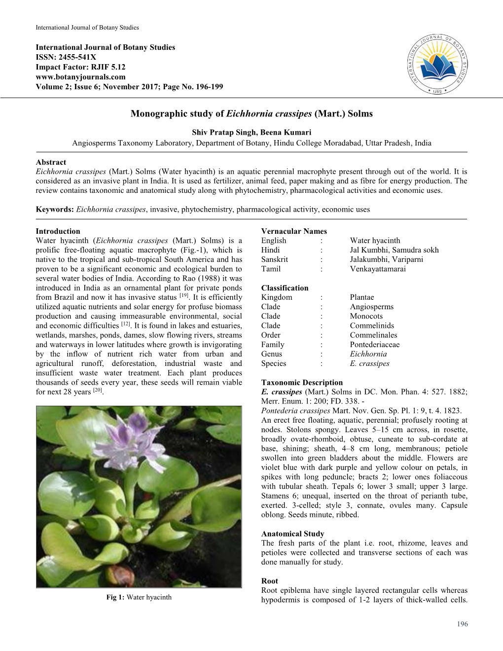 Monographic Study of Eichhornia Crassipes (Mart.) Solms