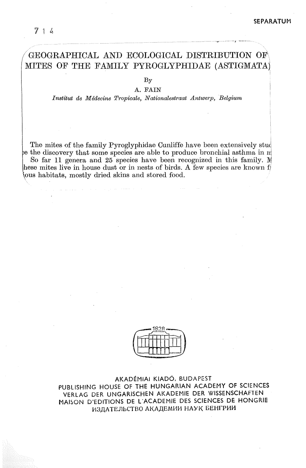 Geographical and Eoological Distribution of Mites of the Family Pyroglyphidae (Astigmata)