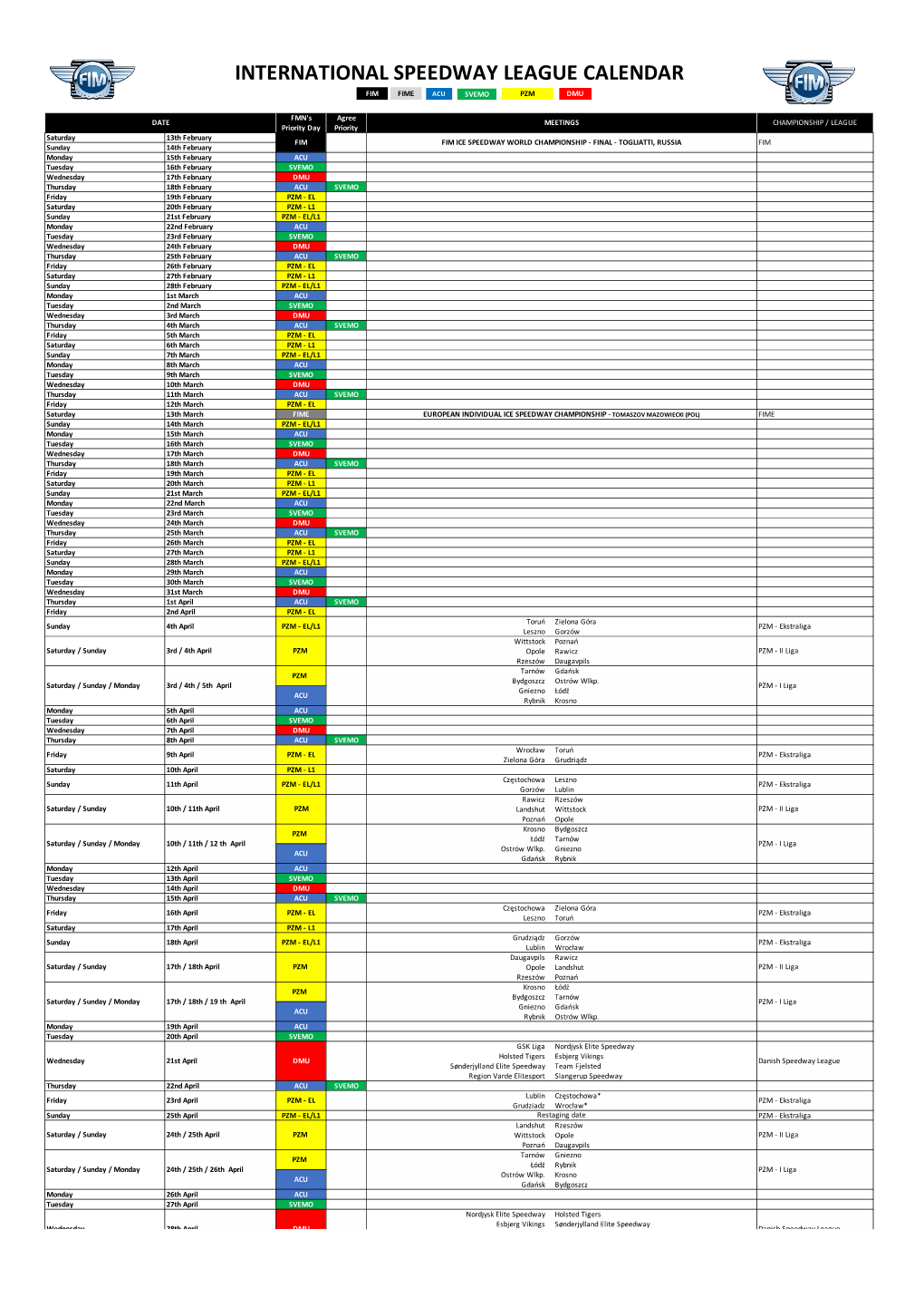 International Speedway League Calendar Fim Fime Acu Svemo Pzm Dmu