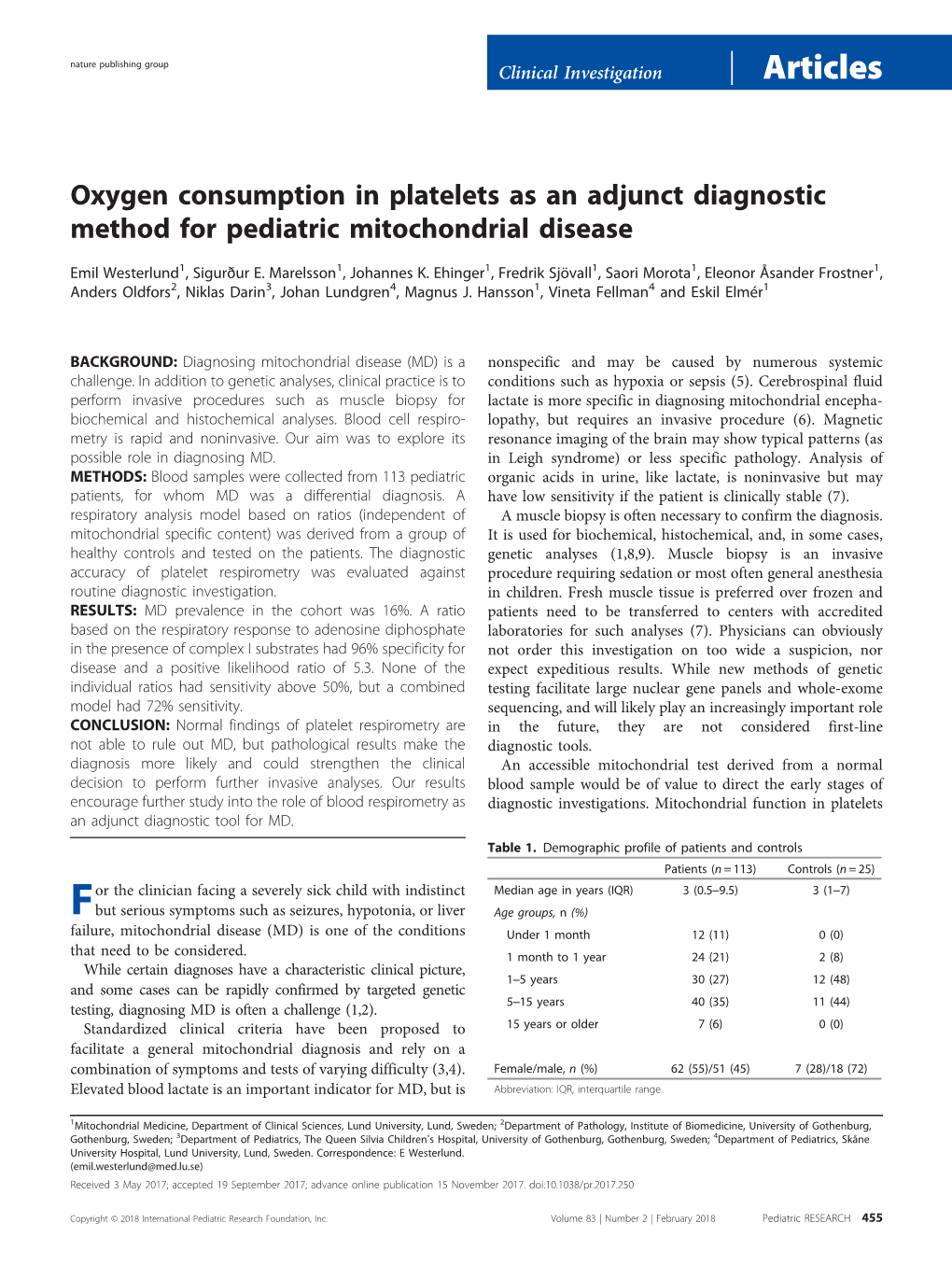 Oxygen Consumption in Platelets As an Adjunct Diagnostic Method for Pediatric Mitochondrial Disease