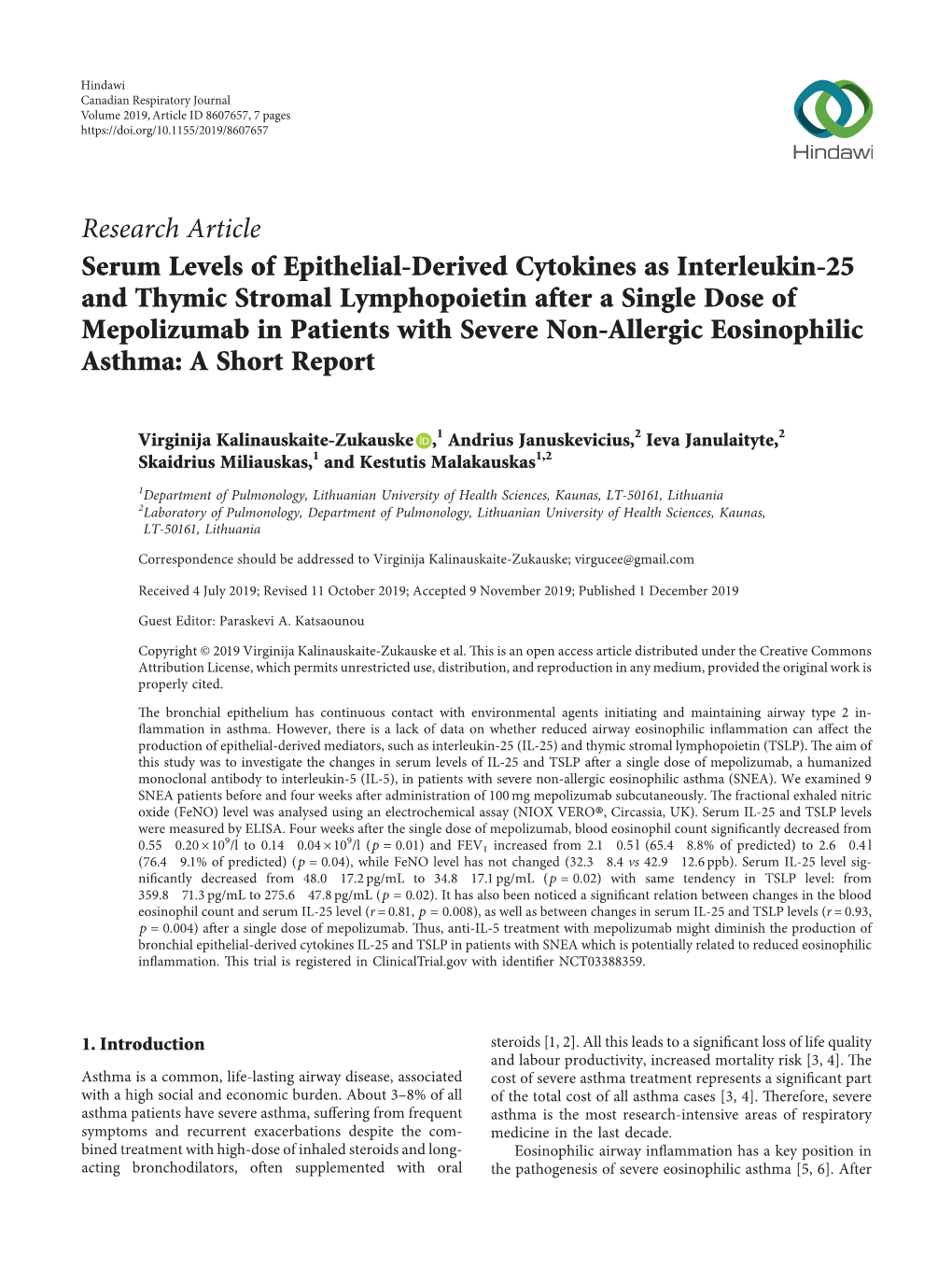 Serum Levels of Epithelial-Derived Cytokines As Interleukin-25 and Thymic Stromal Lymphopoietin After a Single Dose of Mepolizumab in Patients with Severe Non-Allergic