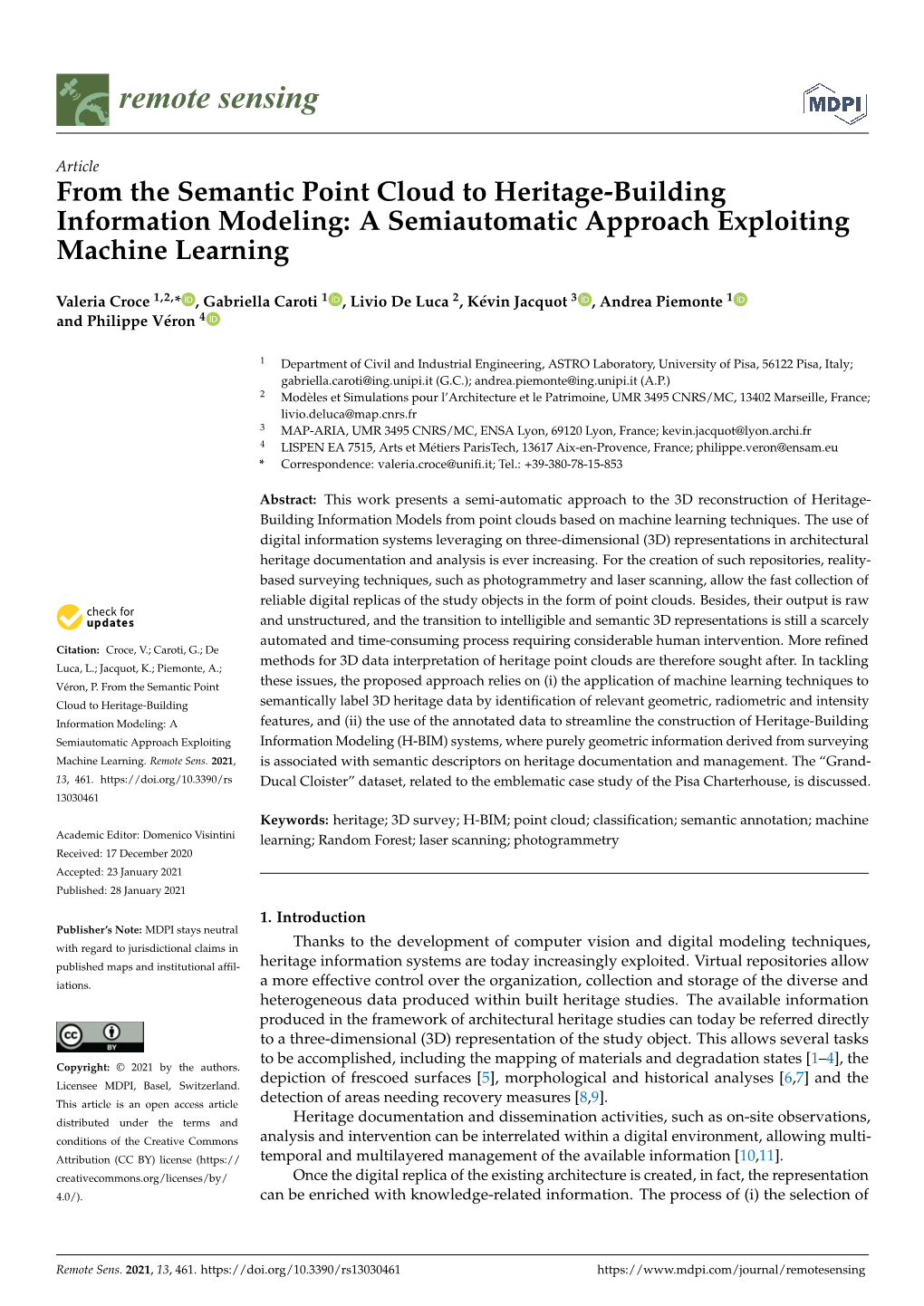 From the Semantic Point Cloud to Heritage-Building Information Modeling: a Semiautomatic Approach Exploiting Machine Learning