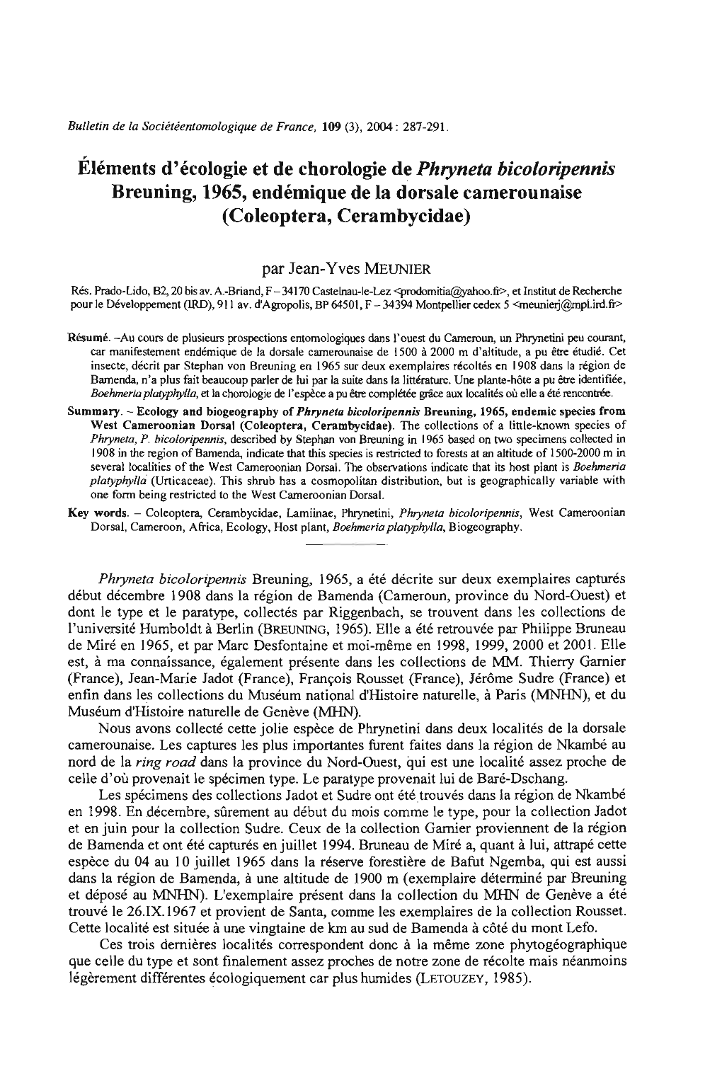 Eléments D'écologie Et De Chorologie De Phryneta