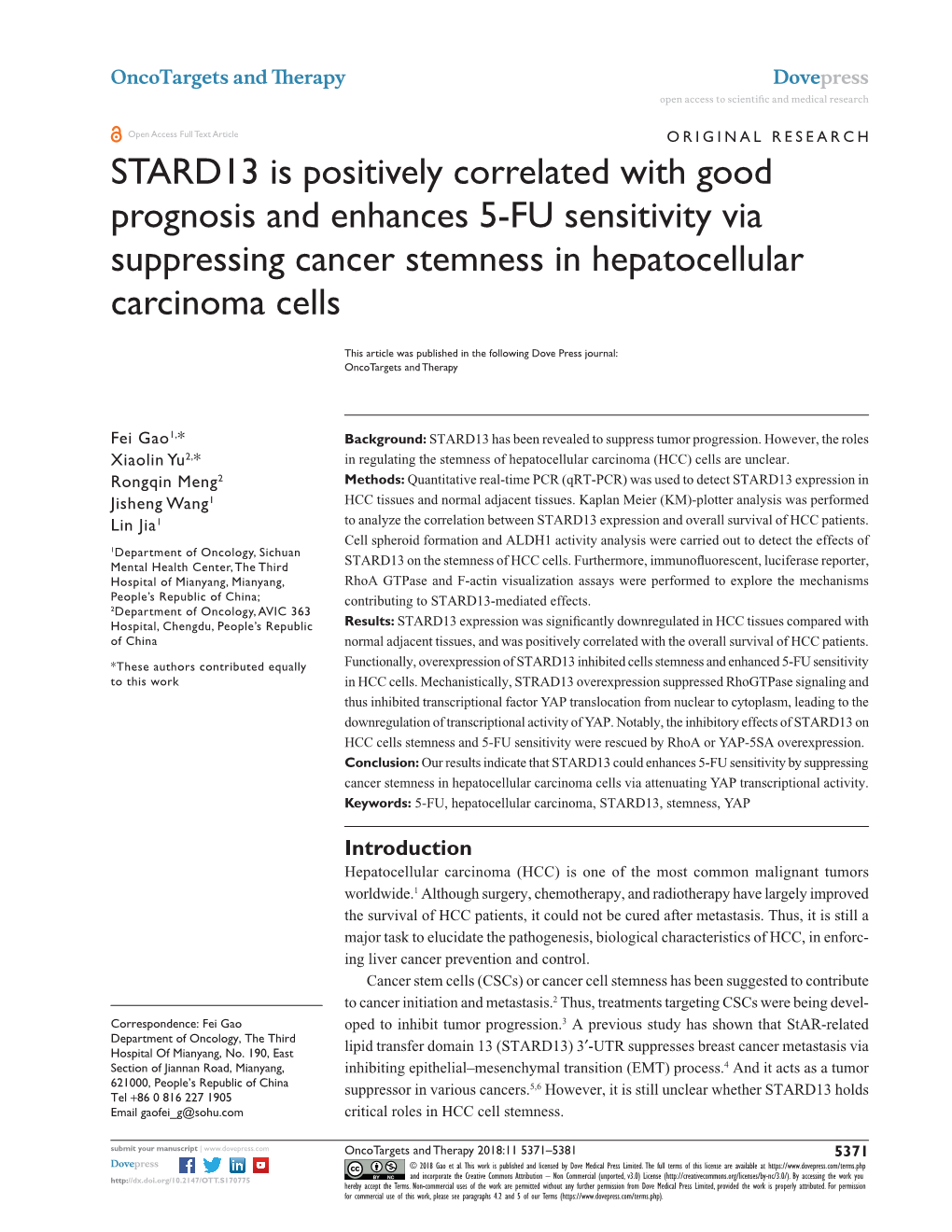 STARD13 Is Positively Correlated with Good Prognosis and Enhances 5-FU Sensitivity Via Suppressing Cancer Stemness in Hepatocellular Carcinoma Cells