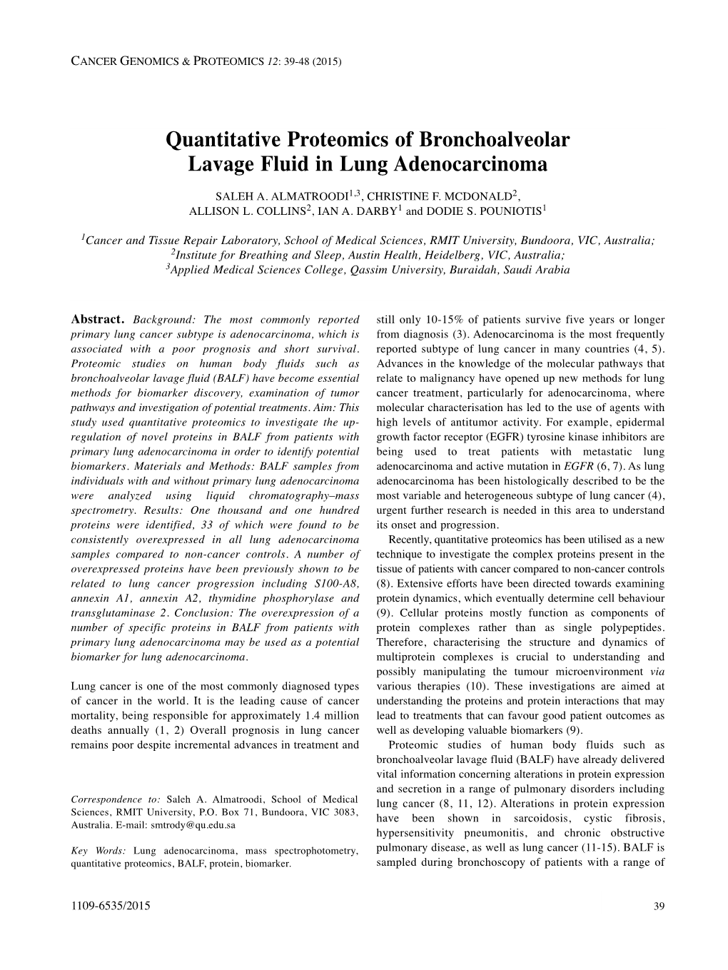 Quantitative Proteomics of Bronchoalveolar Lavage Fluid in Lung Adenocarcinoma SALEH A