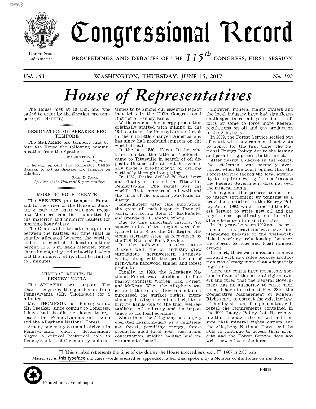 Congressional Record United States Th of America PROCEEDINGS and DEBATES of the 115 CONGRESS, FIRST SESSION