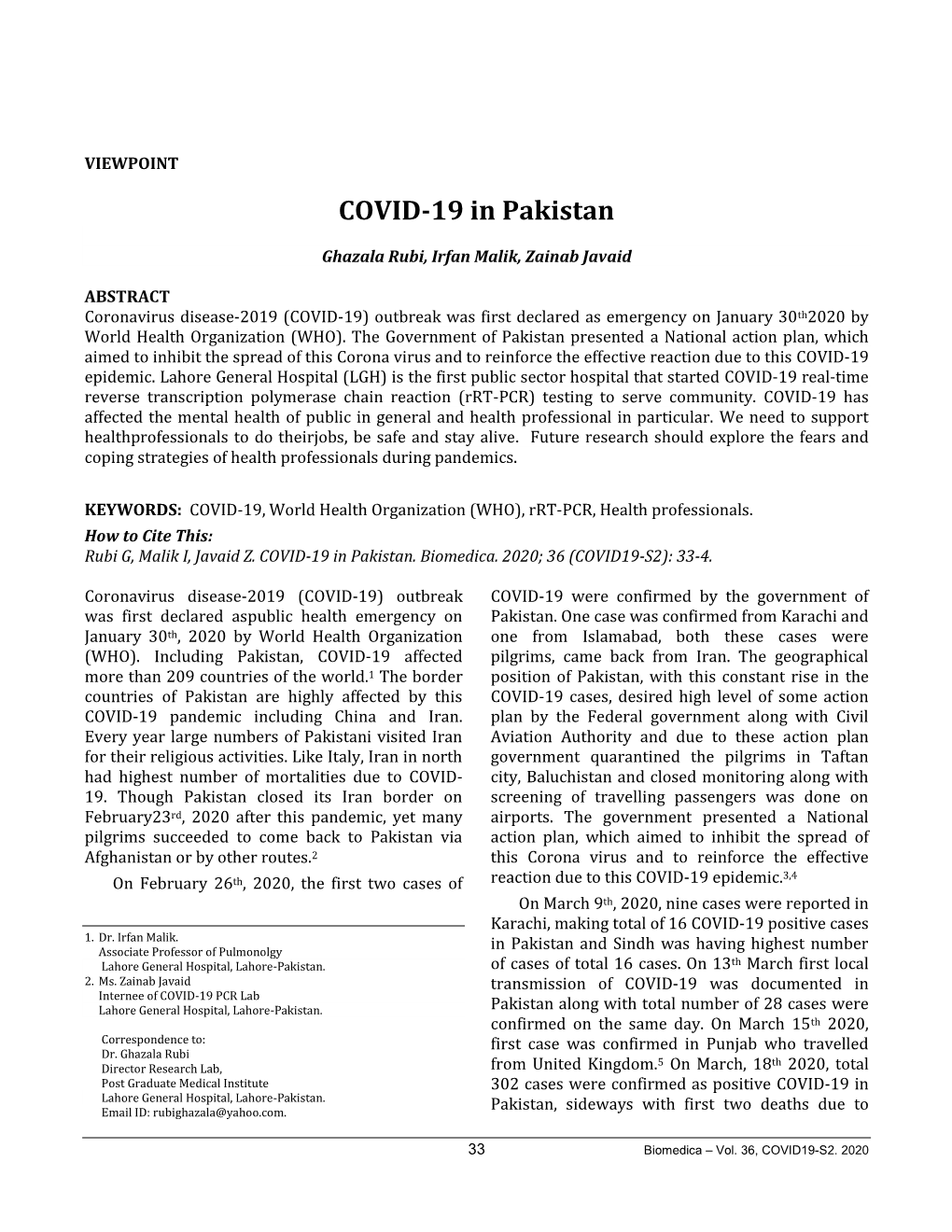 COVID-19 in Pakistan -..:: Biomedica