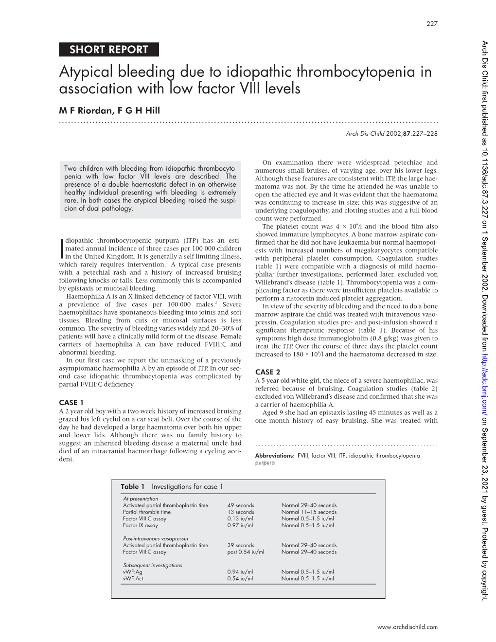 Atypical Bleeding Due to Idiopathic Thrombocytopenia in Association with Low Factor VIII Levels M F Riordan,Fghhill