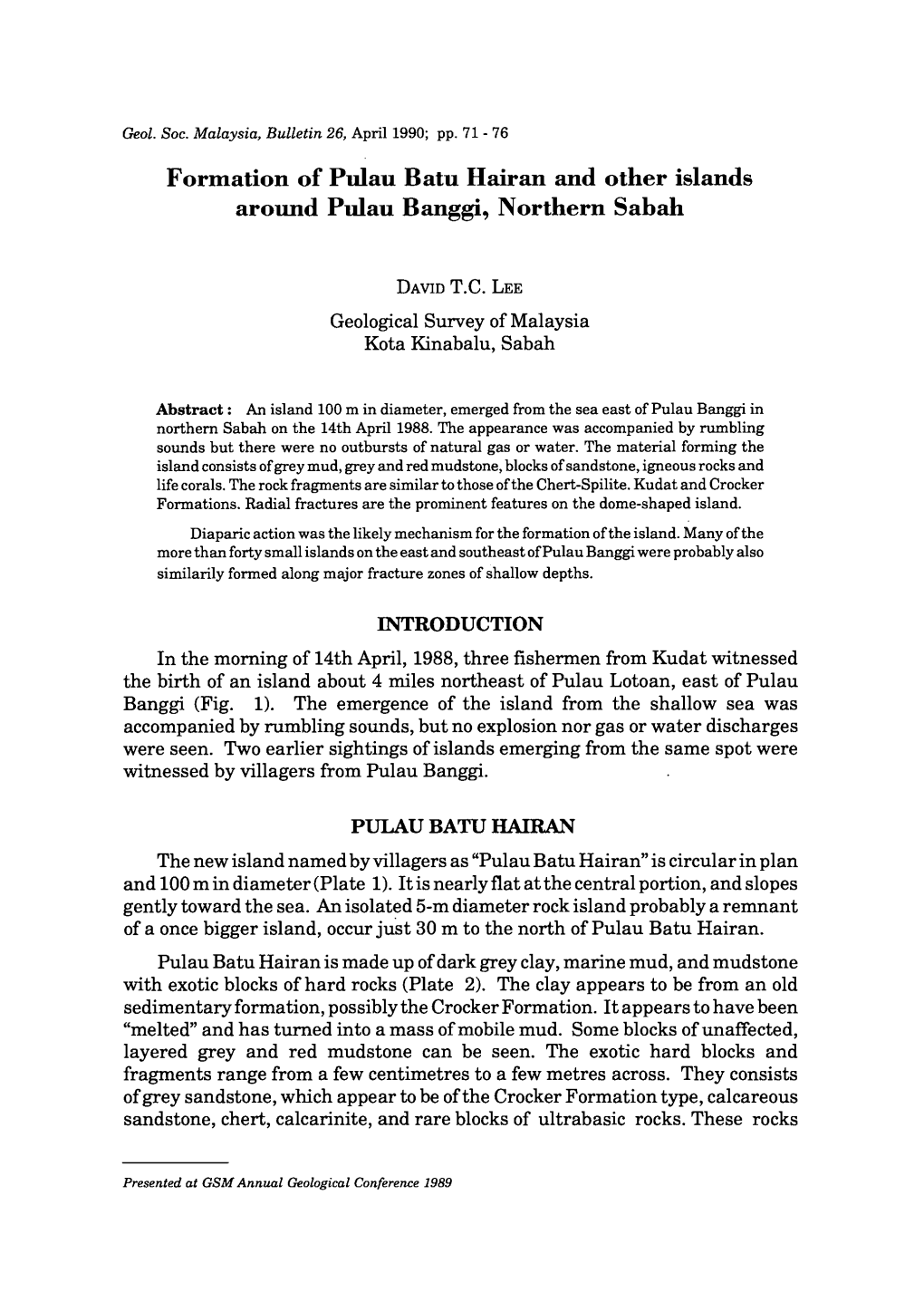 Formation of Pulau Batu Hairan and Other Islands Around Pulau Banggi, Northern Sabah