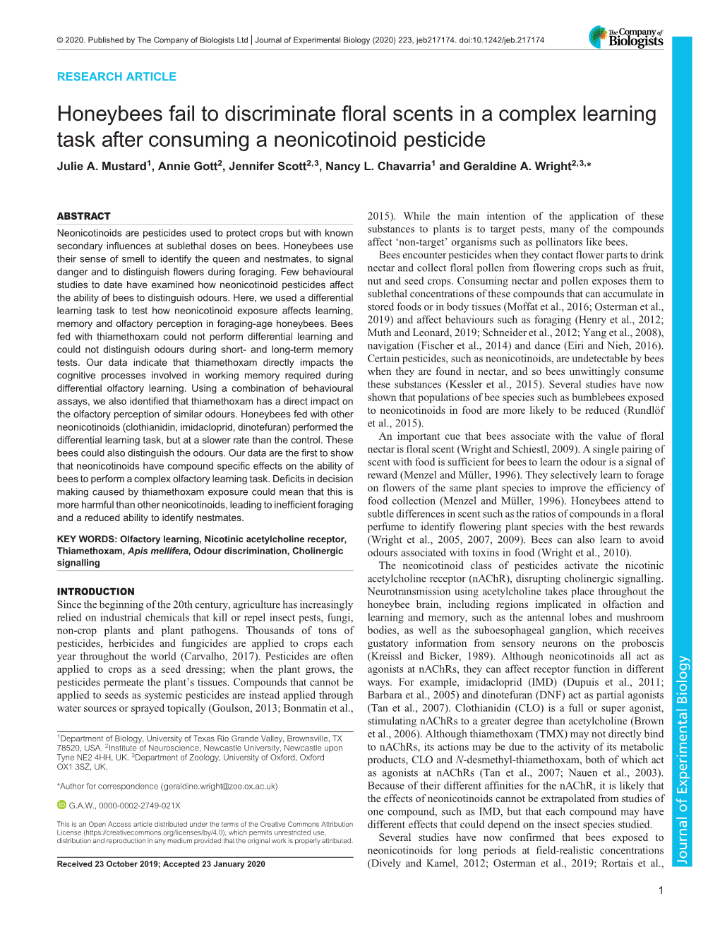 Honeybees Fail to Discriminate Floral Scents in a Complex Learning Task After Consuming a Neonicotinoid Pesticide Julie A