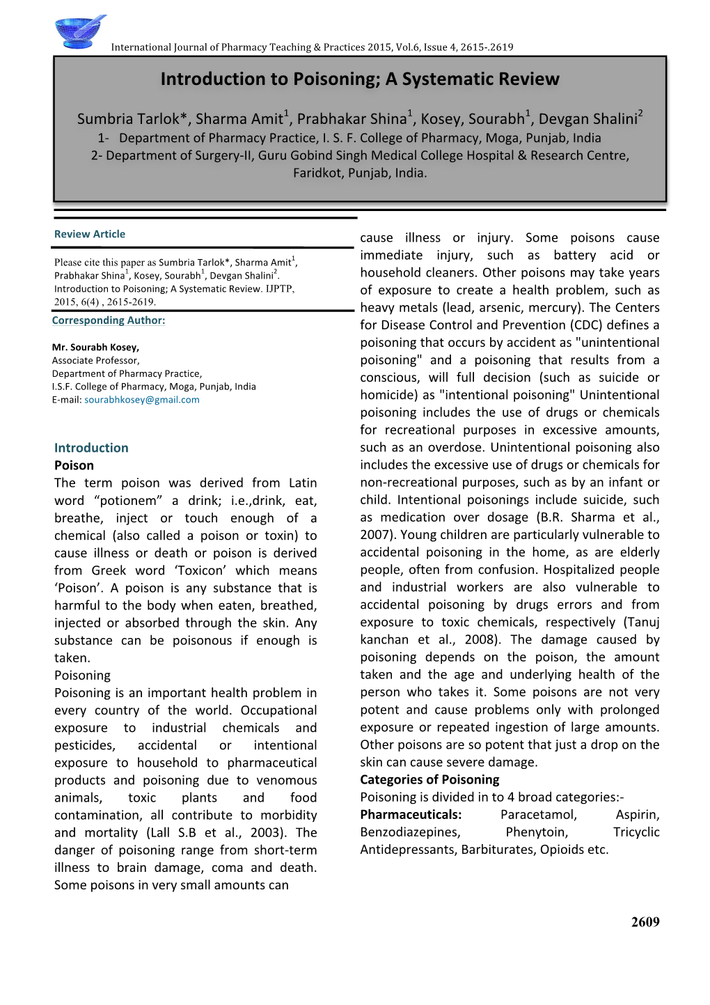 Introduction to Poisoning; a Systematic Review