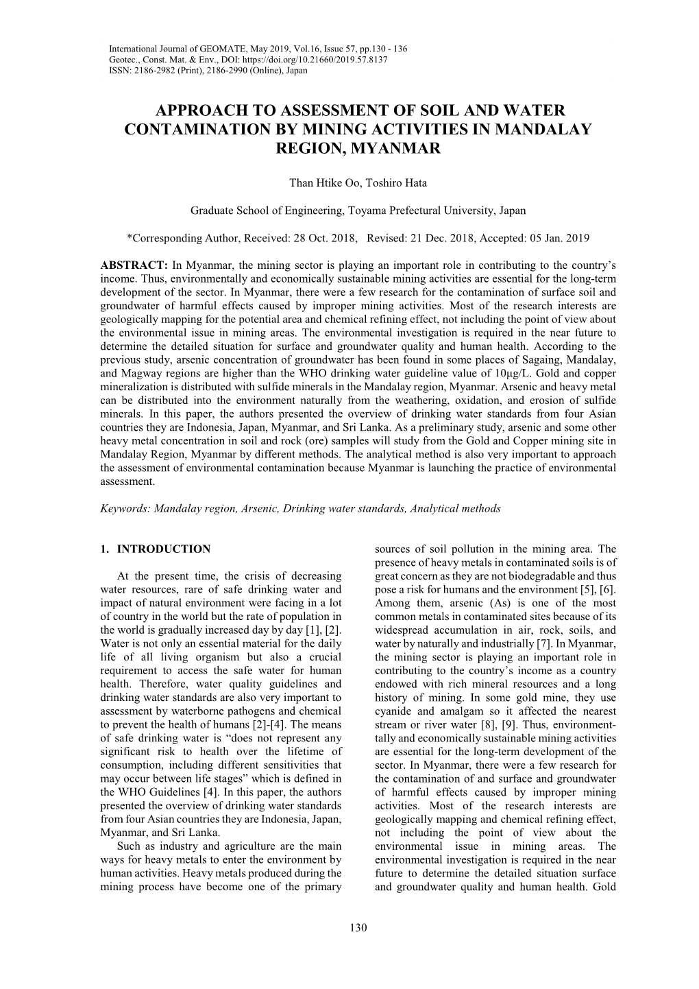 Approach to Assessment of Soil and Water Contamination by Mining Activities in Mandalay Region, Myanmar