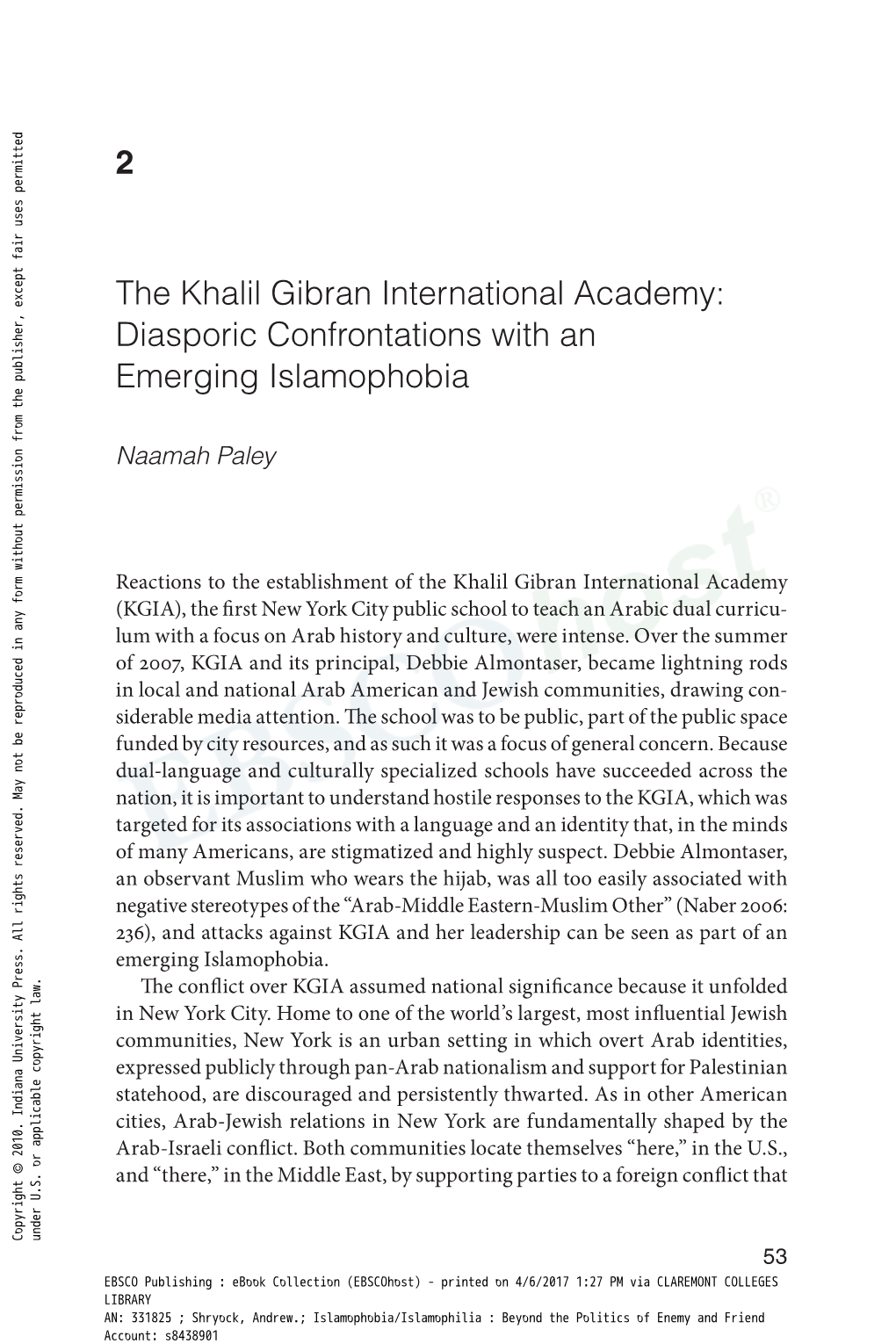 Khalil Gibran International Academy: Diasporic Confrontations with an Emerging Islamophobia